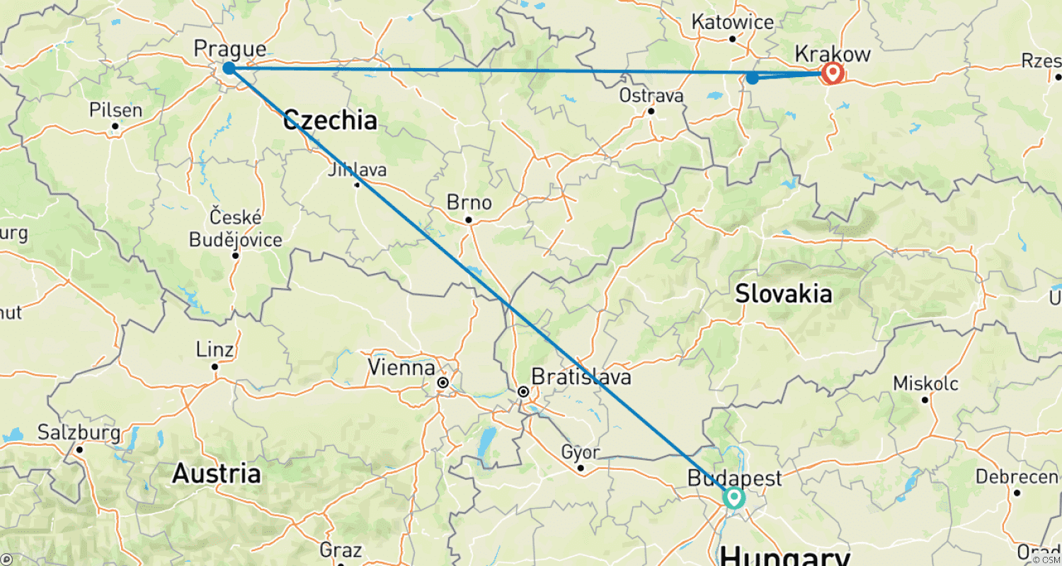 Mapa do percurso de O Melhor do Leste - Budapeste, Praga, Cracóvia