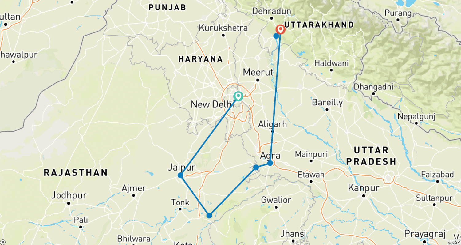 Mapa do percurso de Triângulo Dourado com Ranthambore (Safári na Selva) e Rishikesh Espiritual