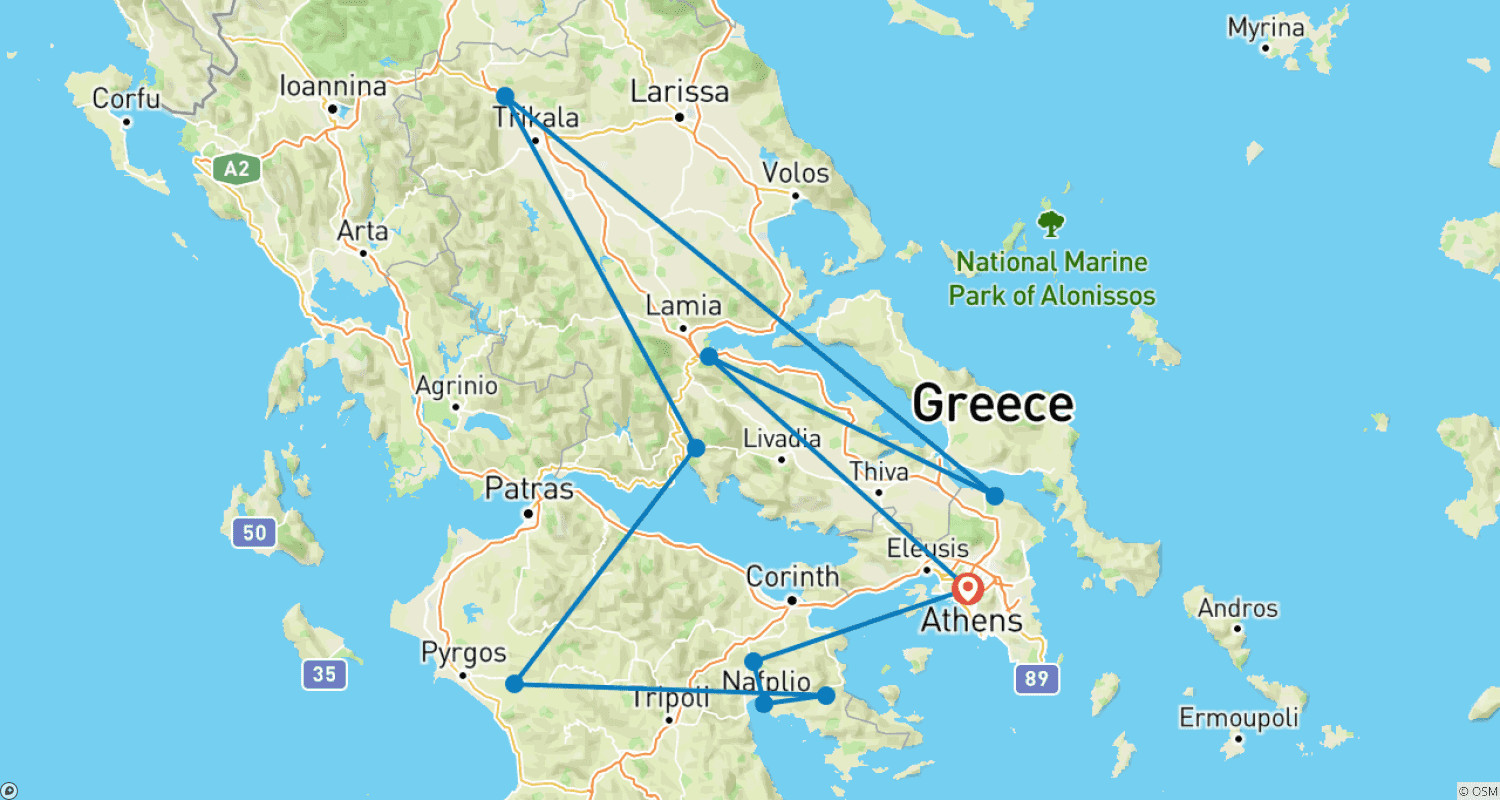 Mapa do percurso de Tour Clássico pela Grécia
