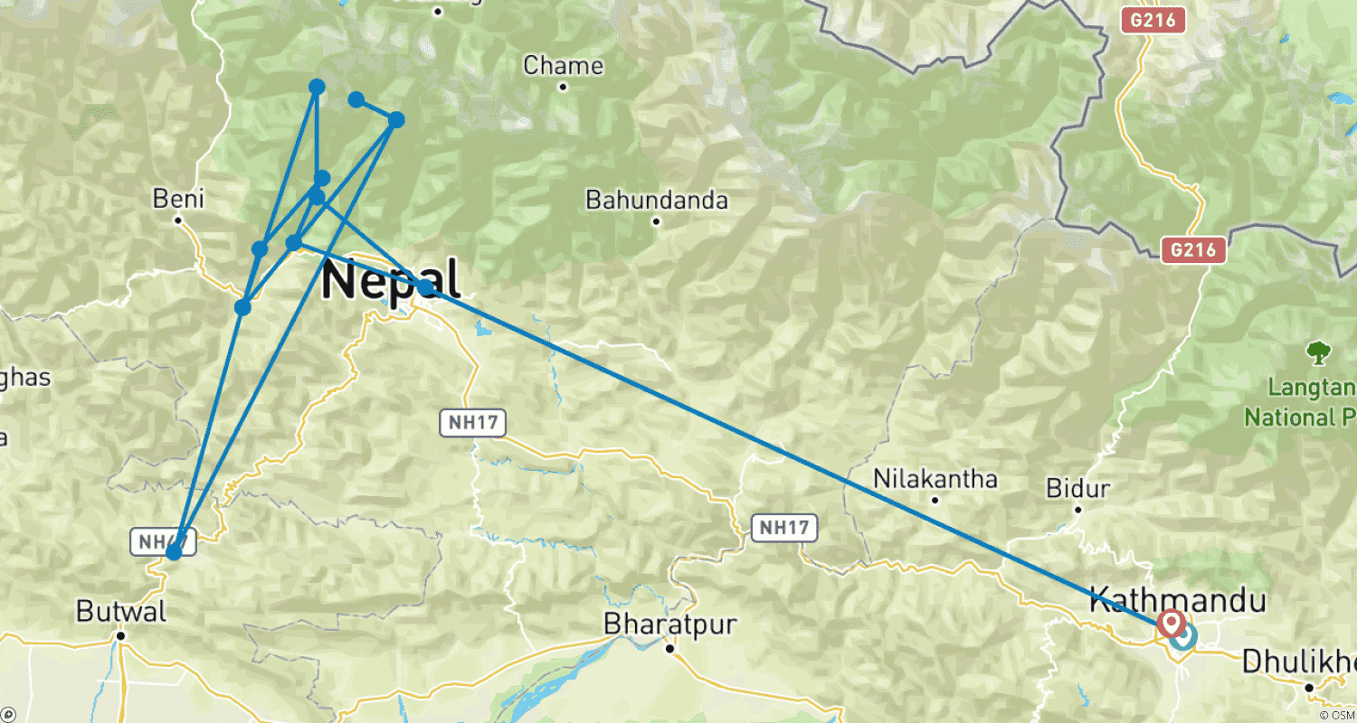 Mapa do percurso de Trilho Expresso para o Acampamento Base Annapurna