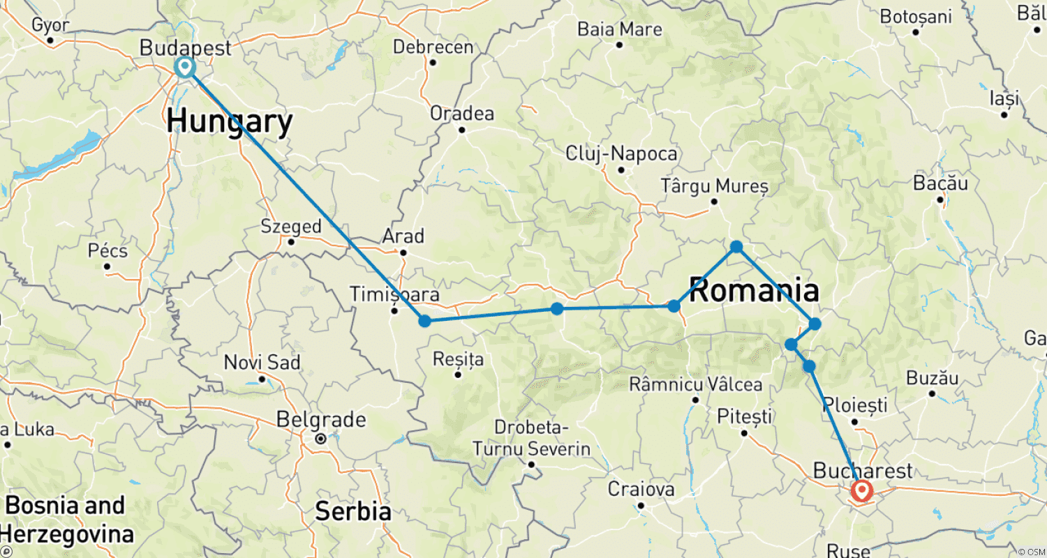 Mapa do percurso de Excursão de 4 Dias pela Transilvânia de Budapeste a Bucareste