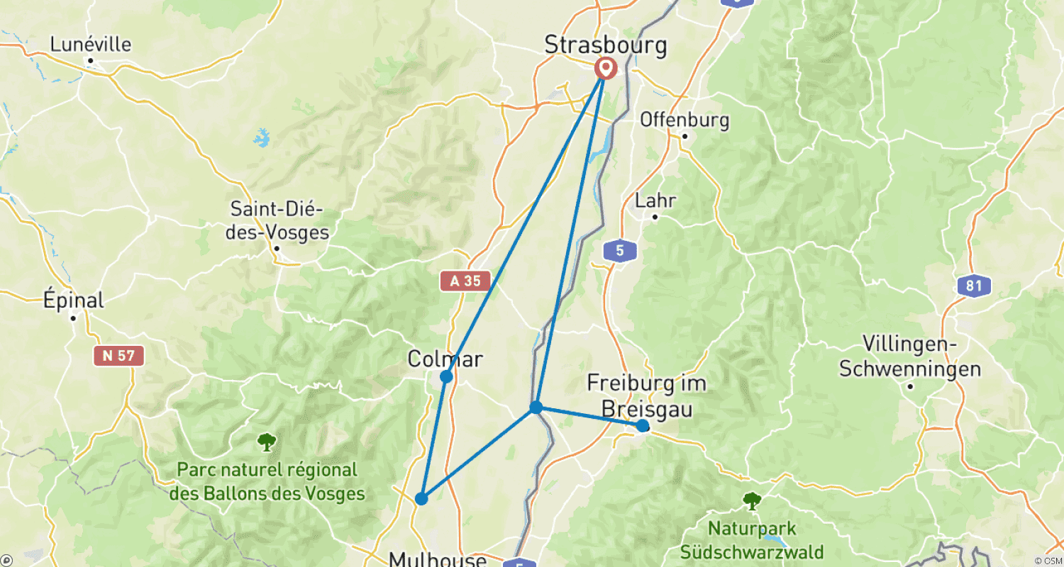 Mapa trasy: Bogate Boże Narodzenie w Alzacji i Czarnym Lesie (rejs z portu do portu)