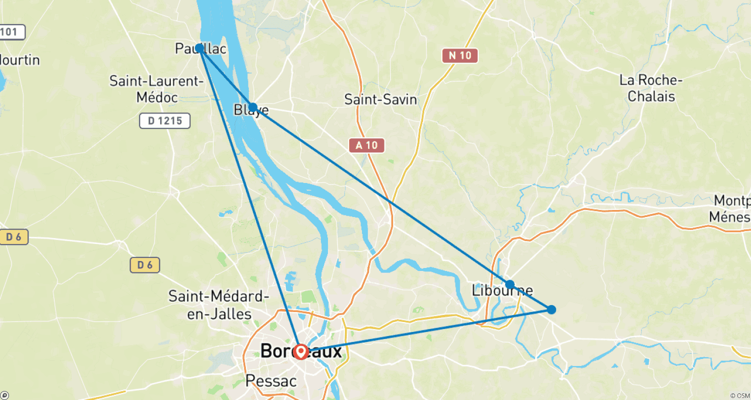 Mapa do percurso de Ano Novo na região de Bordéus (cruzeiro de porto a porto)
