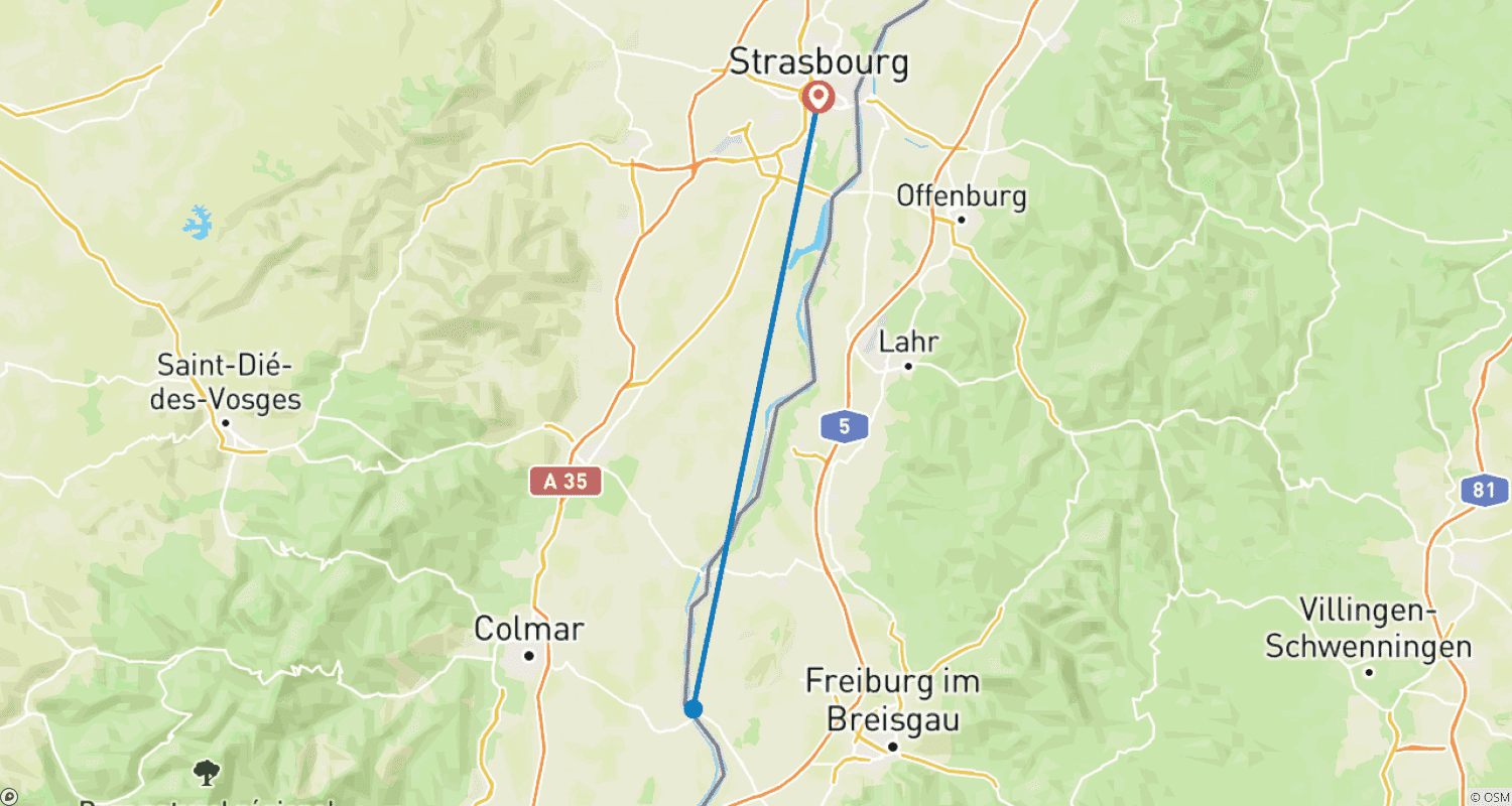 Mapa do percurso de Ano Novo no Reno Selvagem (cruzeiro de porto a porto)