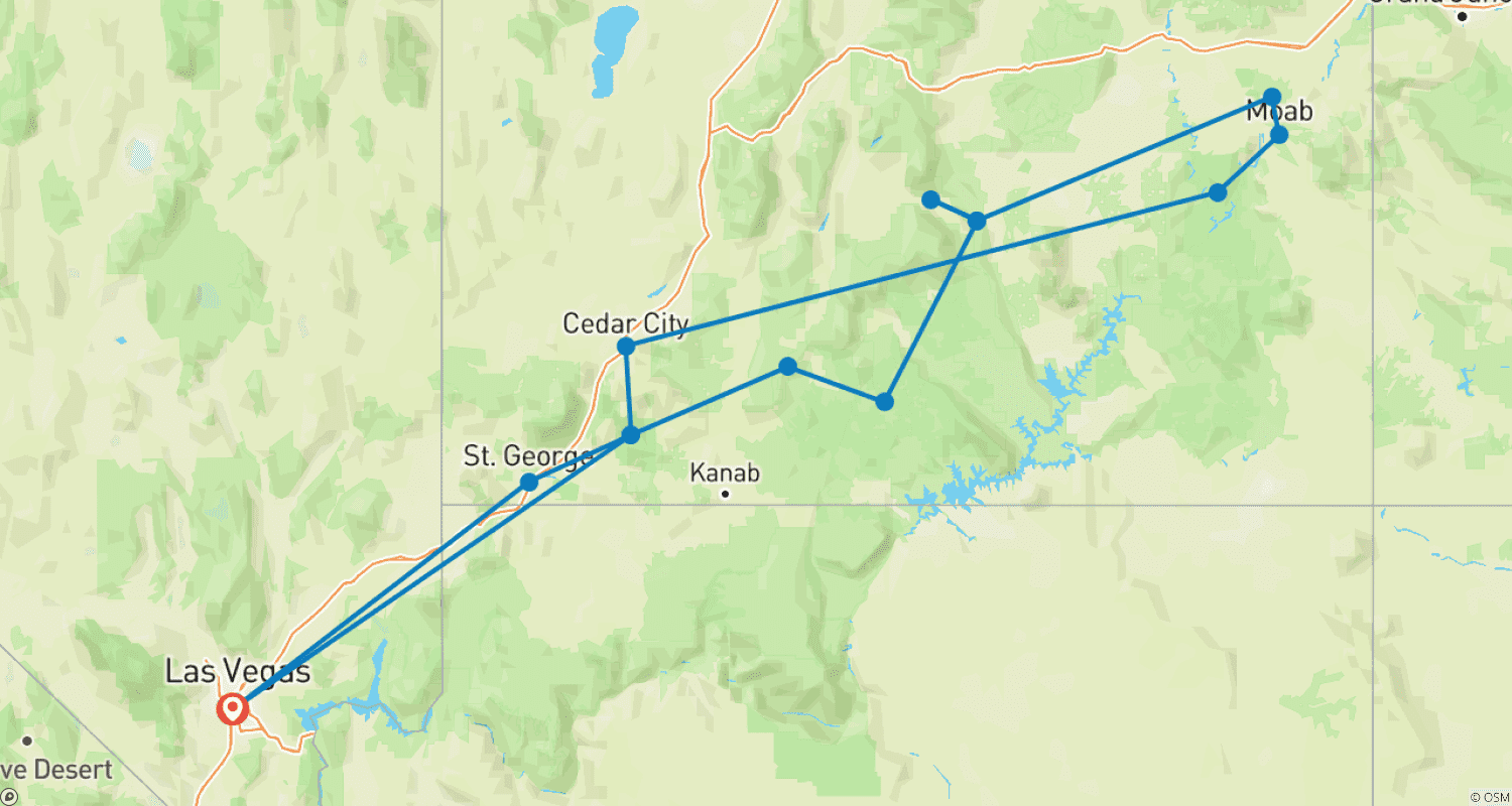 5日間：ラスベガス発 Utah's Mighty 5のルートマップ