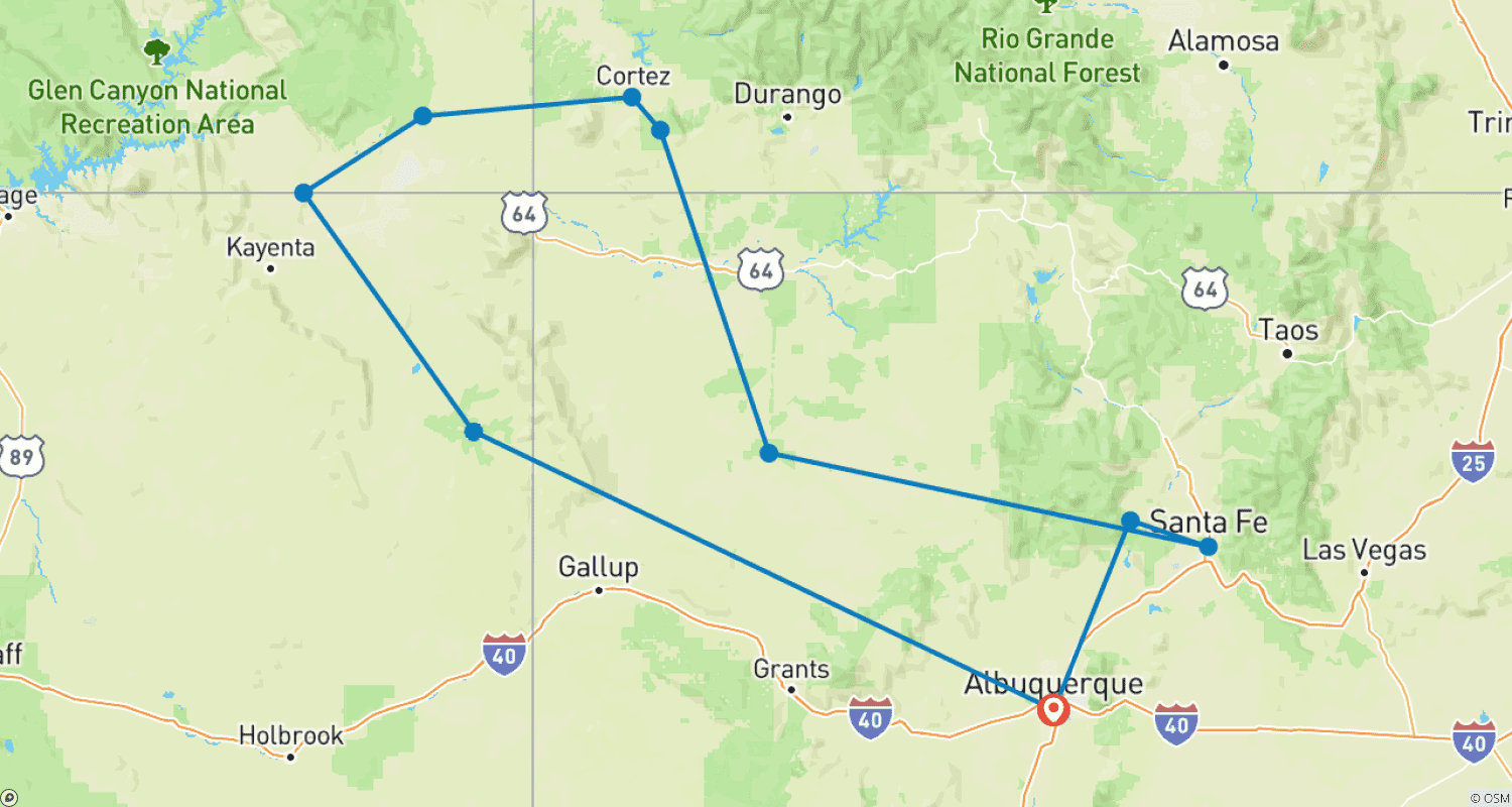 Mapa do percurso de Viagem de 9 Dias pela Trilha dos Antigos: de Mesa Verde a Chaco Canyon