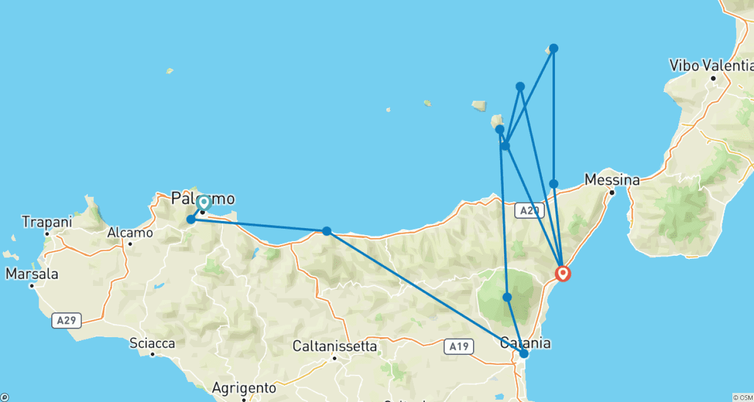 Mapa do percurso de Tour da Sicília e Ilhas Eólias - de Palermo