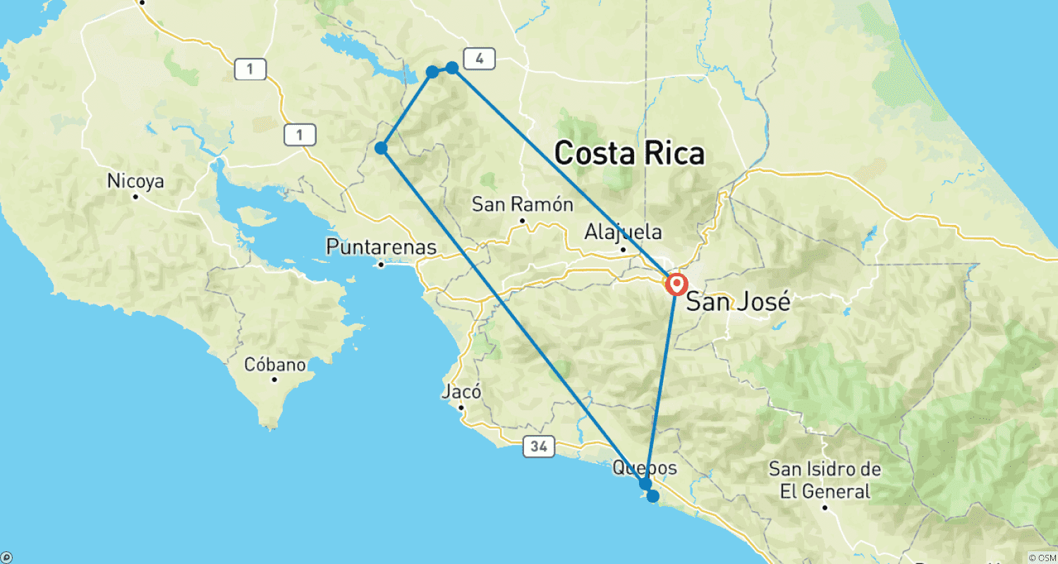 Mapa do percurso de Costa Rica – Da Floresta Nublada à Costa
