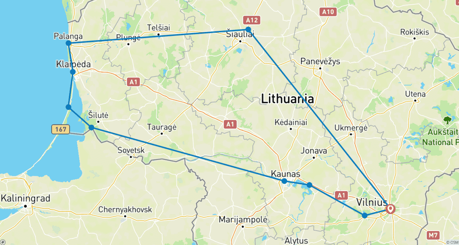 Mapa do percurso de 7 Dias Pela Lituânia (Tour Privado)