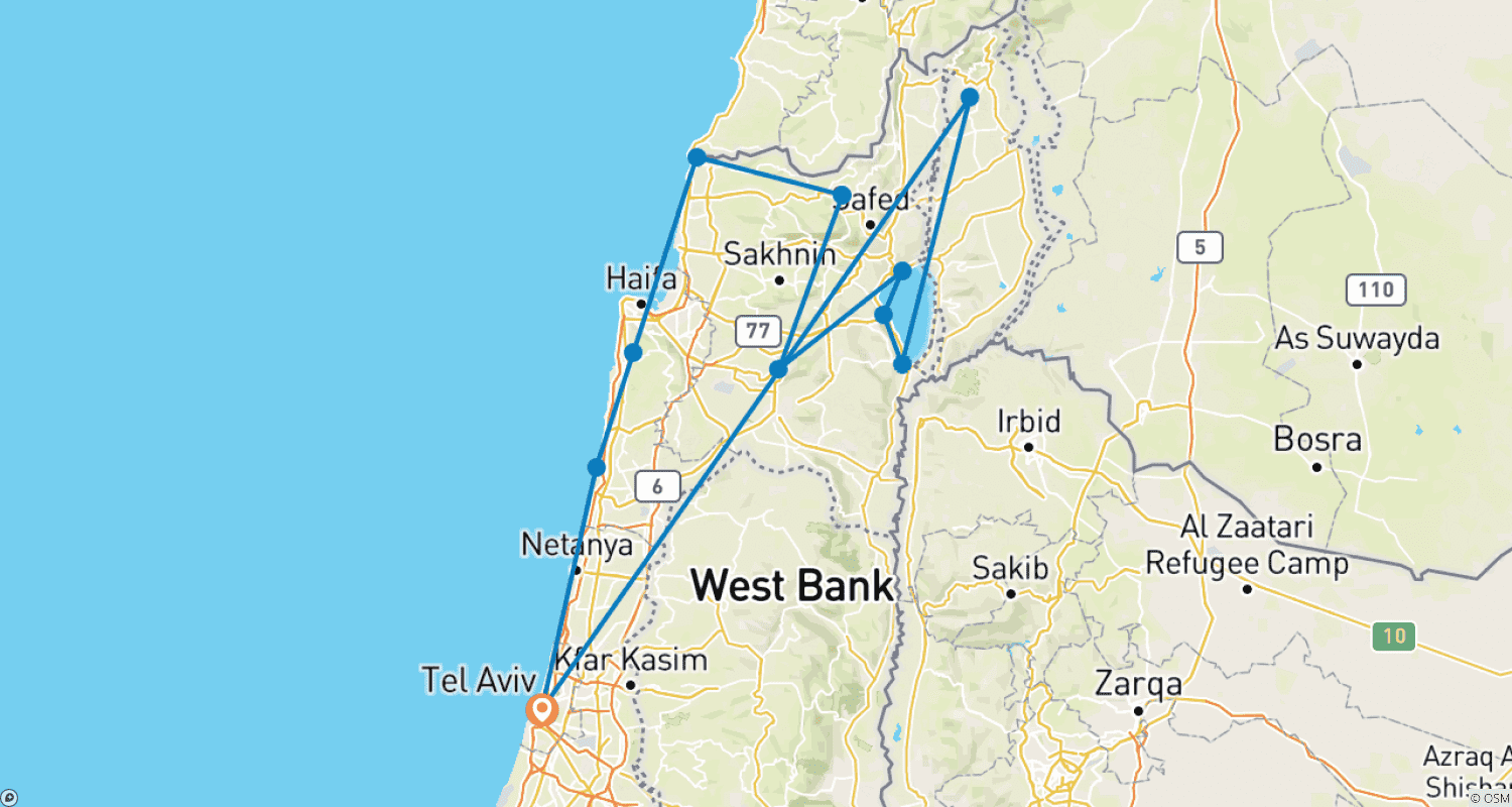 Mapa do percurso de Nazareth, Caesarea and Golan, 3 Days