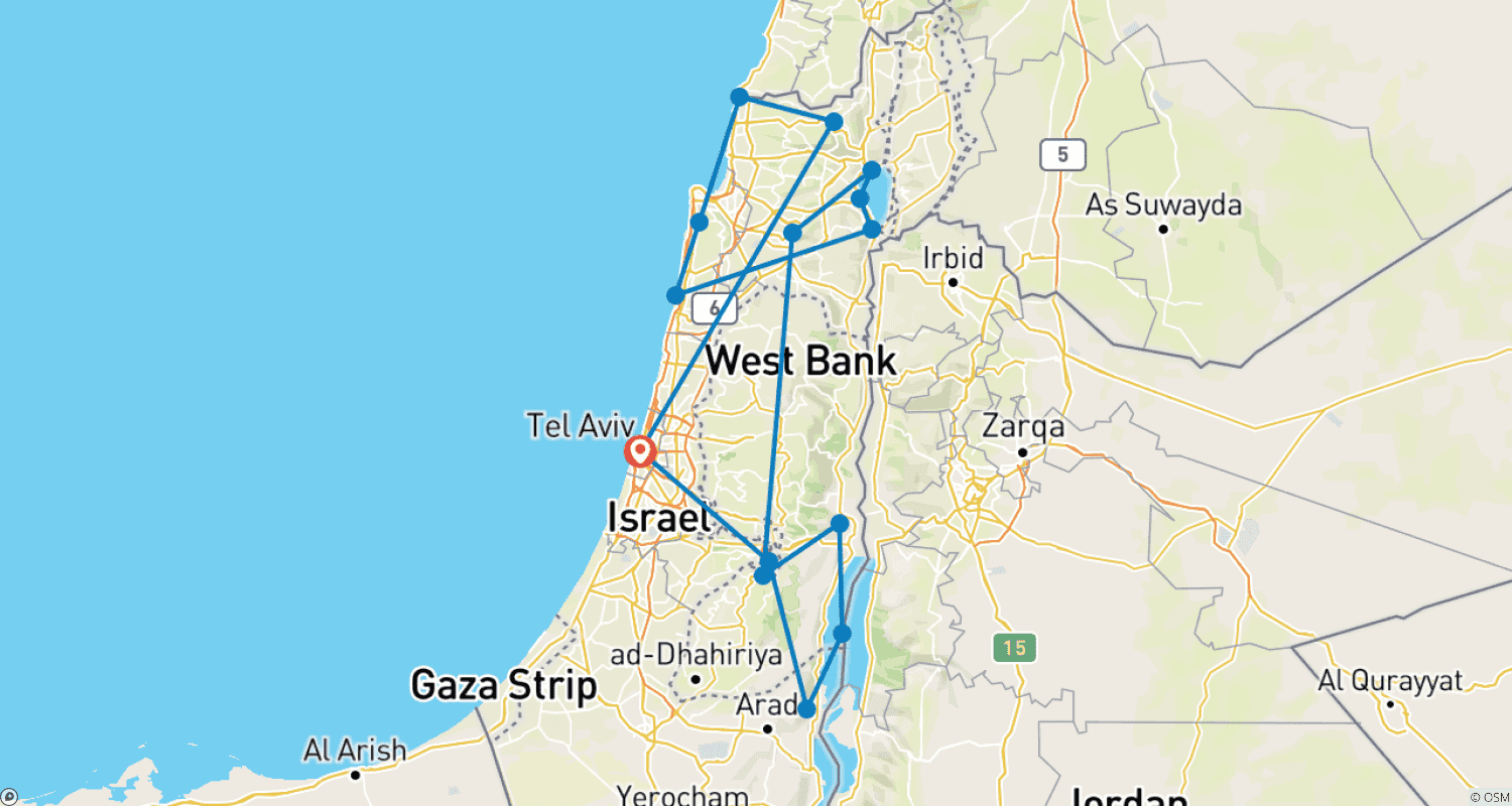 Mapa do percurso de Pacote Turístico Clássico por Israel, 6 Dias