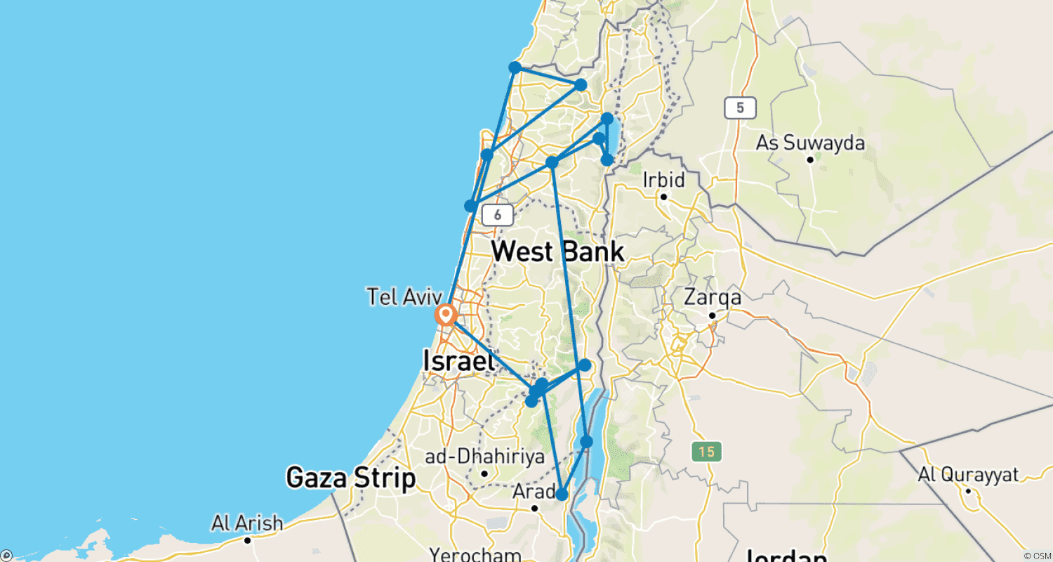 Mapa do percurso de Pacote Turístico Cristão em Israel, 6 Dias