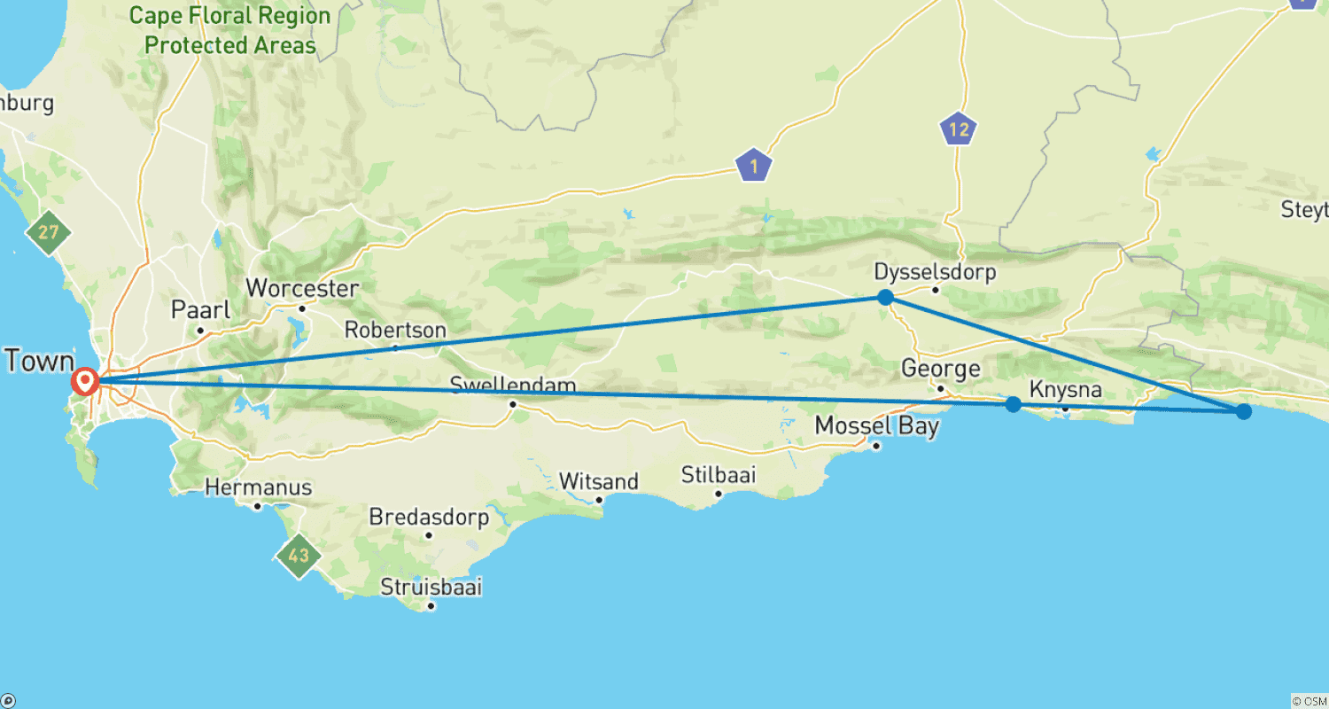 Mapa trasy: 3-dniowa wycieczka safari po Garden Route z Wielką Piątką i Bungy (Powrót)