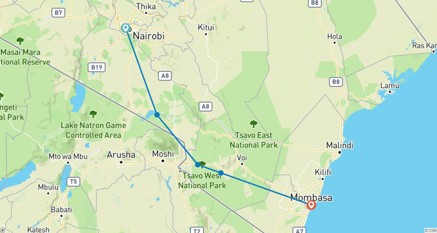 Mapa do percurso de De Kilimanjaro a Mombasa