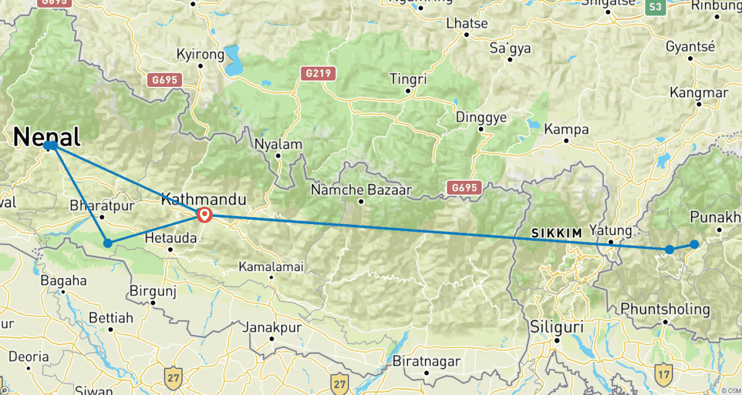 Mapa do percurso de Tour pelo Nepal e Butão