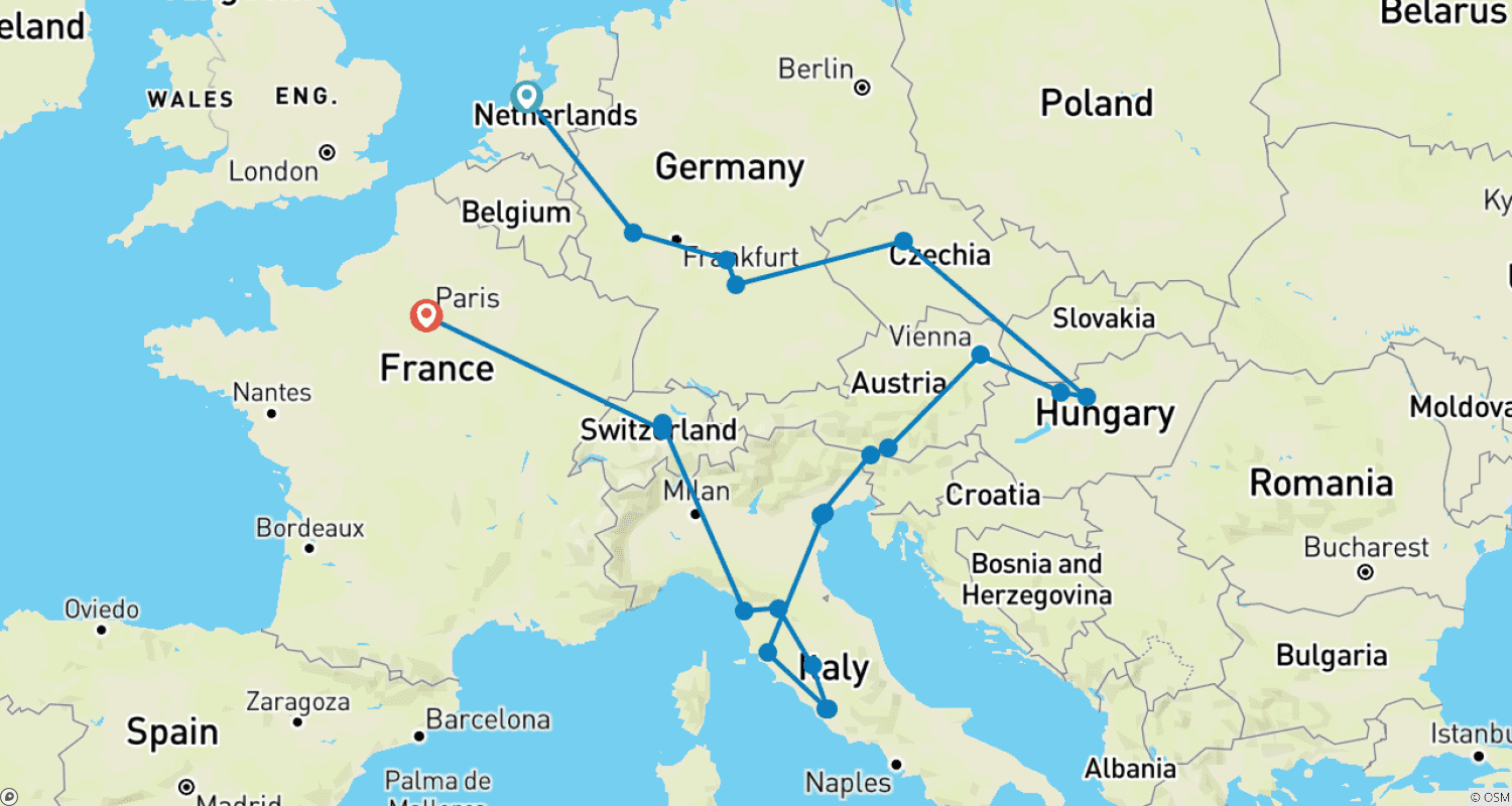 Mapa do percurso de Romântico Europeu (Clássico, Início em Amsterdã, Fim em Paris)