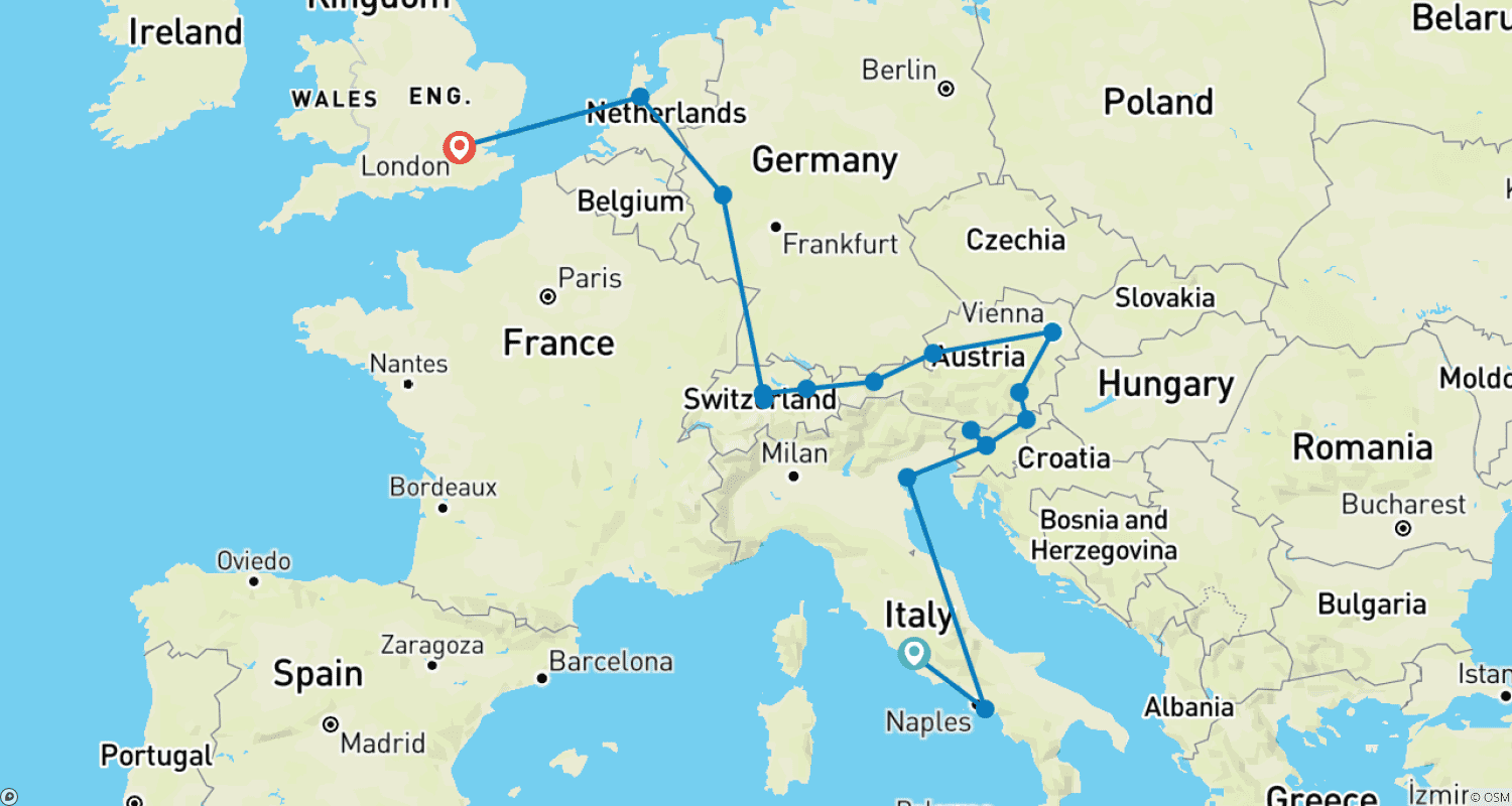 Mapa trasy: Wspaniała Europa (Klasyczna, Zakończenie w Londynie)