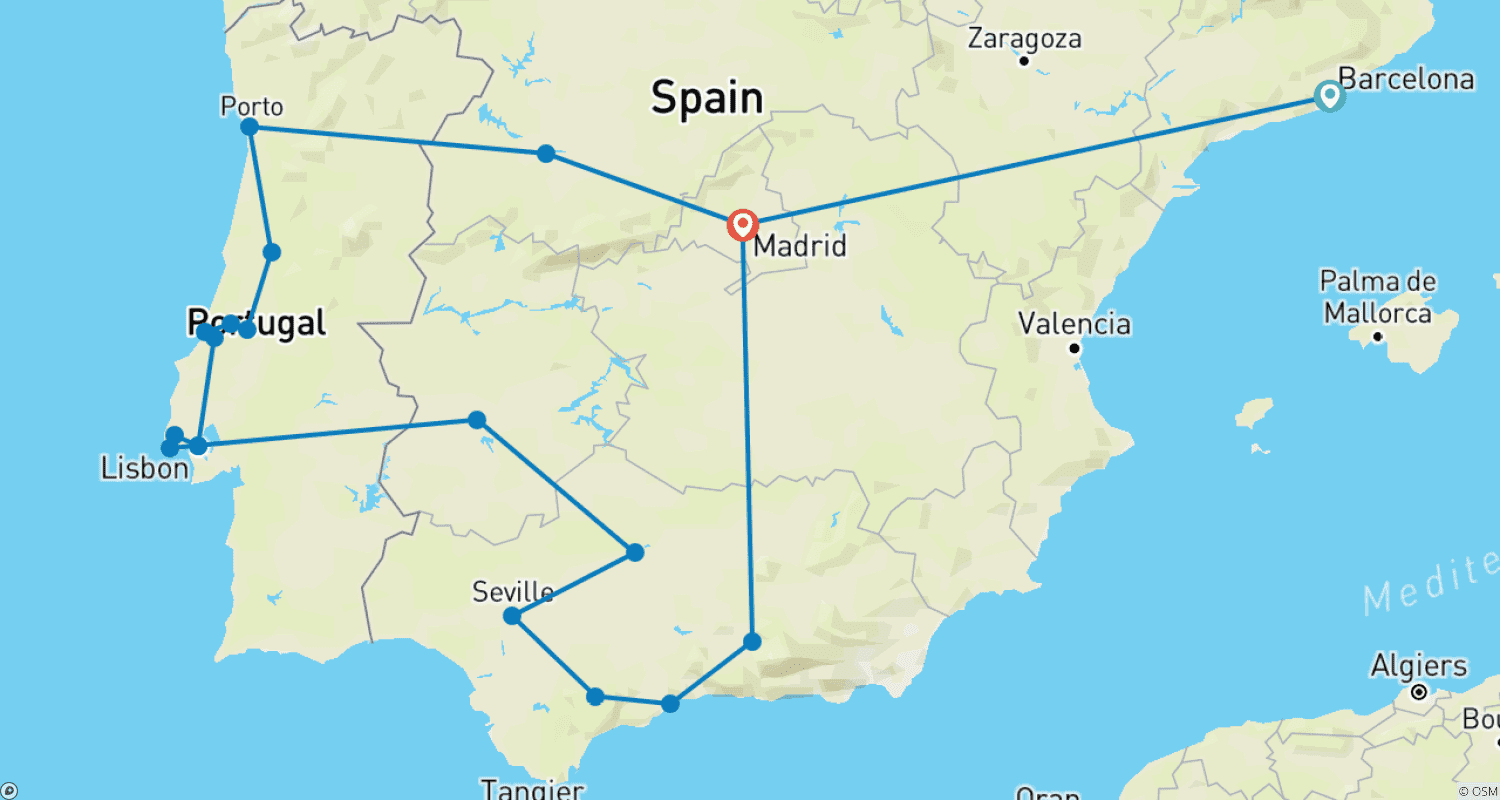 Mapa do percurso de Excursão de 15 Dias: Barcelona, Portugal e Andaluzia