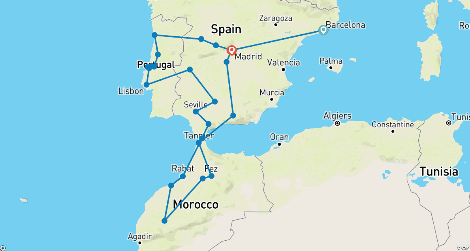 خريطة مسار جولة مميزة لمجموعة صغيرة لمدة 23 يومًا في إسبانيا والبرتغال والمغرب (27 وجهة)