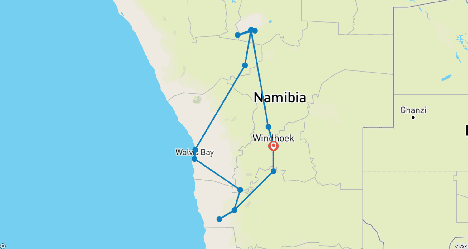 Mapa do percurso de Safari de Acampamento Econômico de 6 Dias: Areia, Mar e Etosha