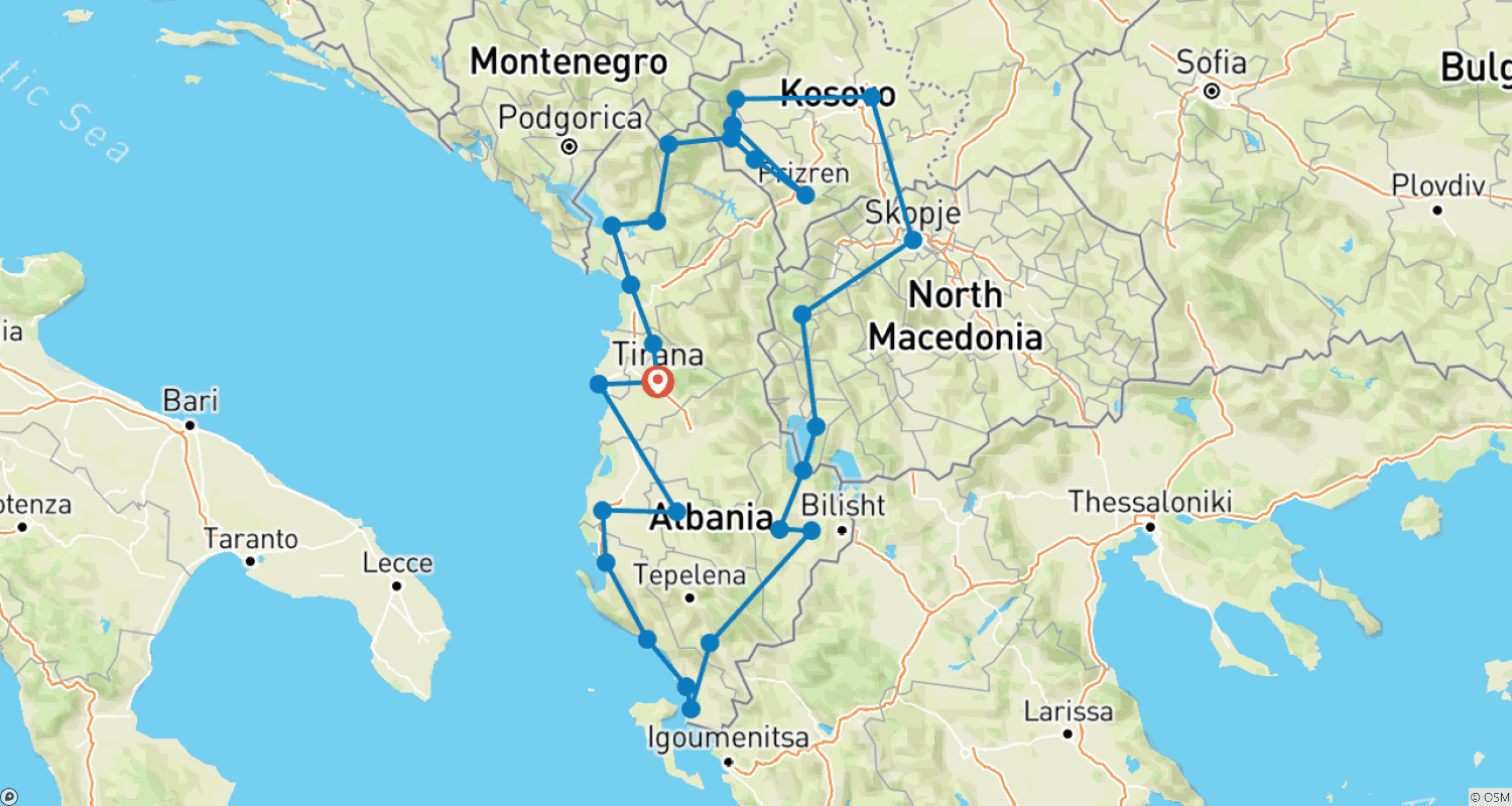 Mapa do percurso de Albânia, Kosovo e Macedônia - Europa Escondida