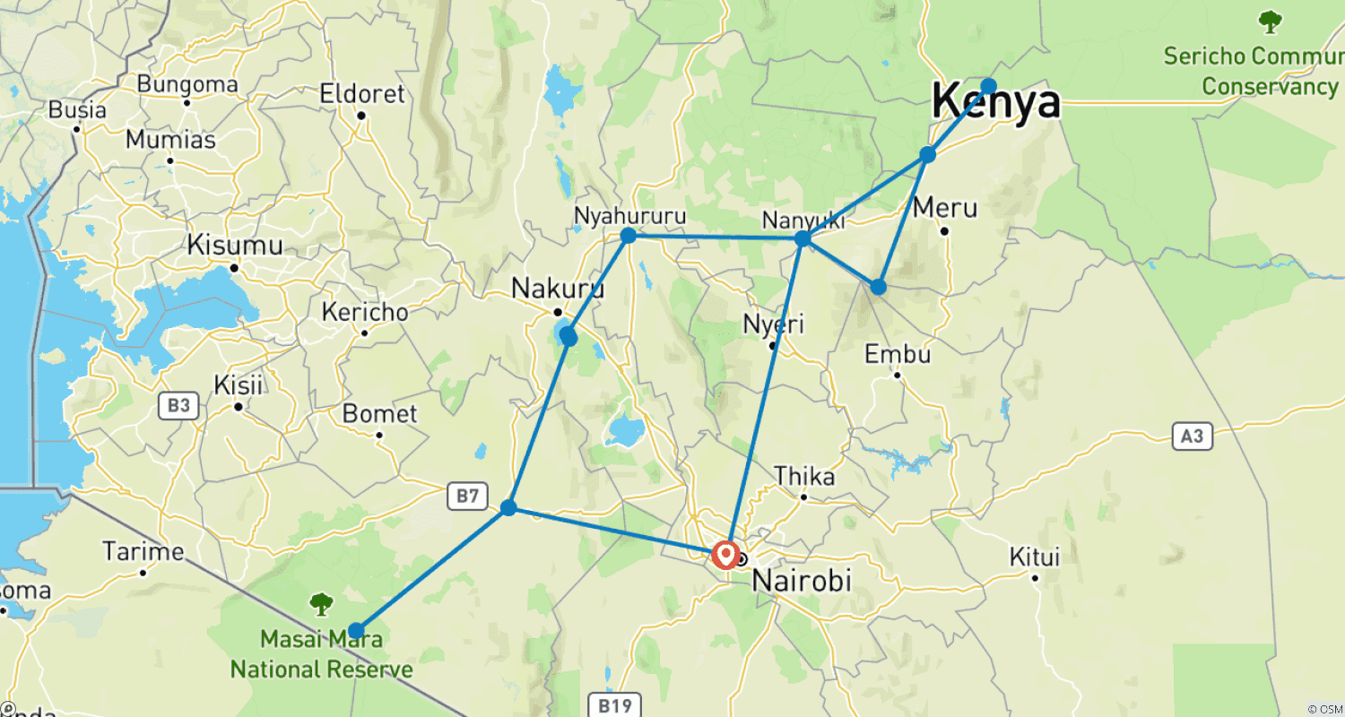 Mapa trasy: Najważniejsze atrakcje Kenii