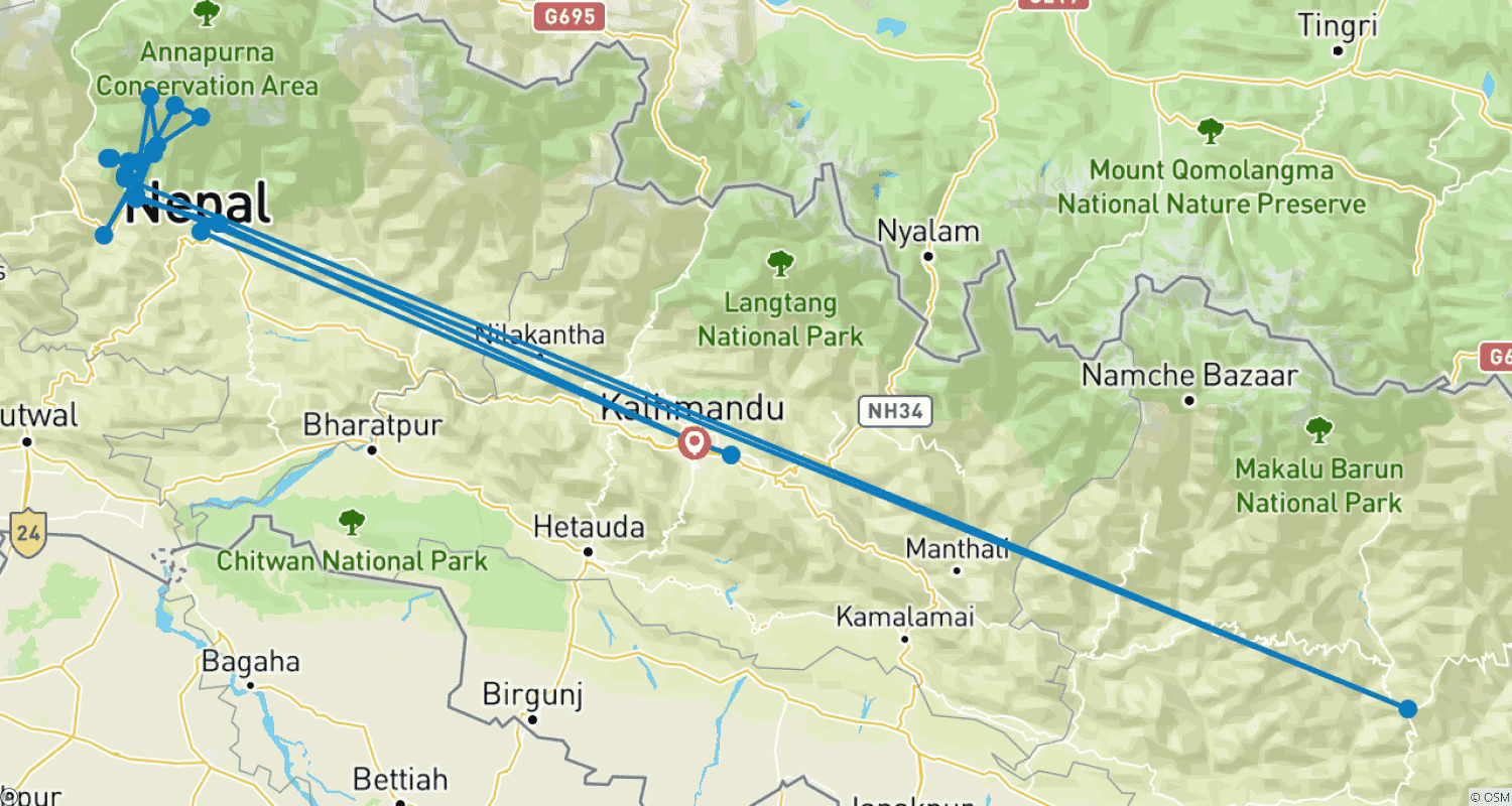 Mapa do percurso de Trilho para o Acampamento Base de Annapurna
