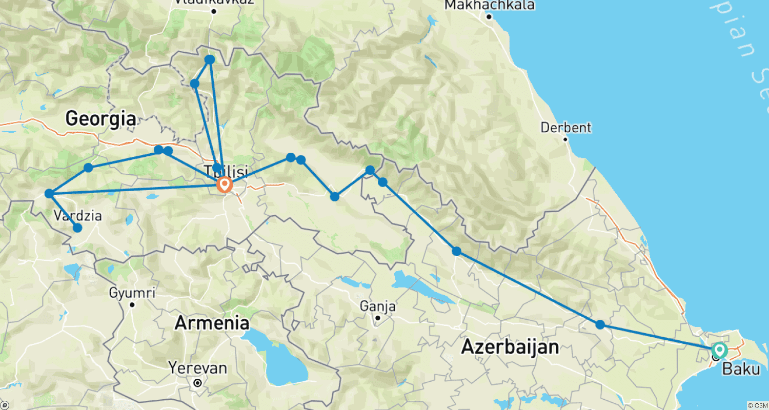 Mapa trasy: 11 Dni Azerbejdżan - Gruzja