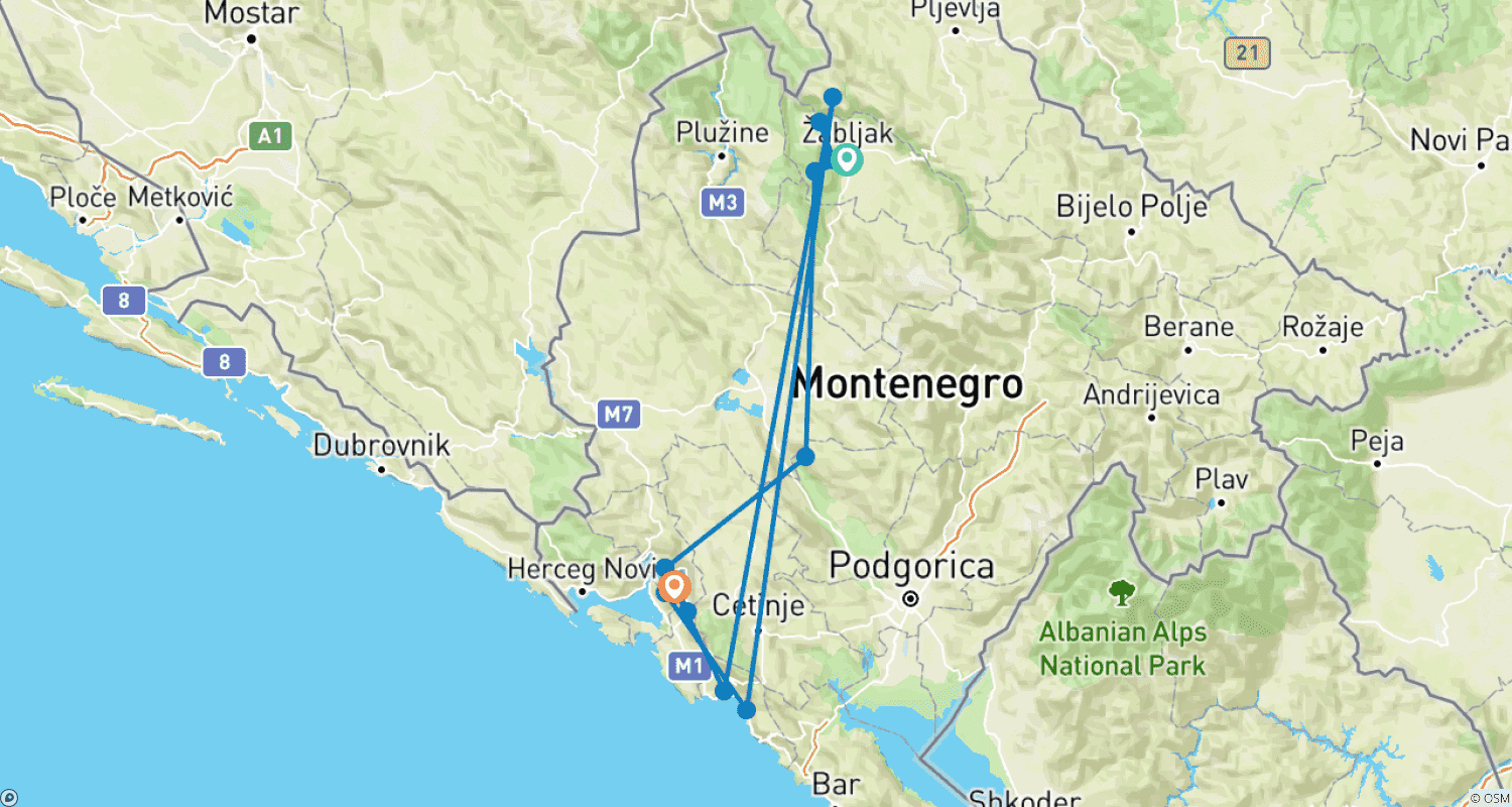 Mapa do percurso de Descoberta de Montenegro - Férias de Caminhada, 8 dias 7 noites