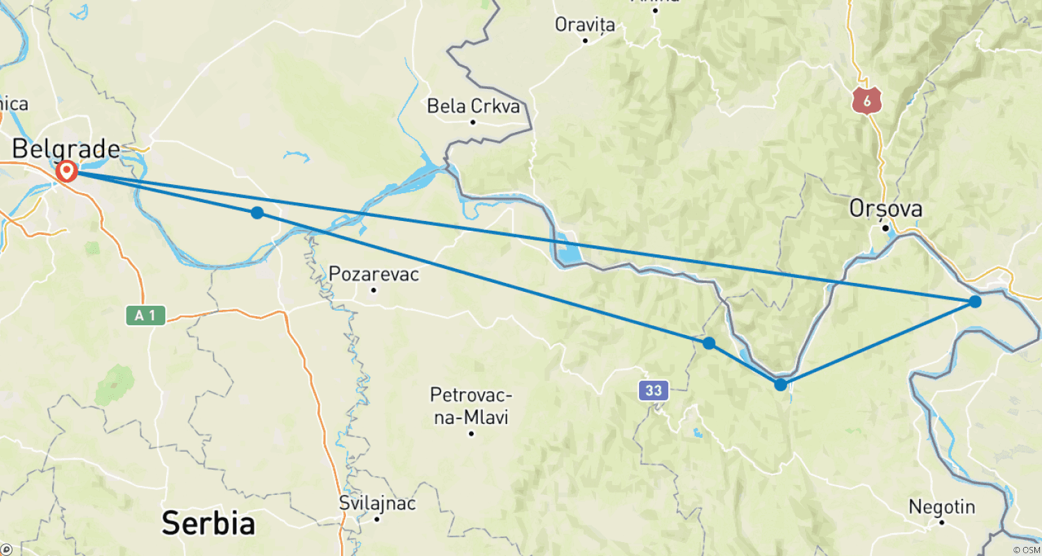 Mapa do percurso de Férias de Ciclismo na Sérvia - a partir de Belgrado