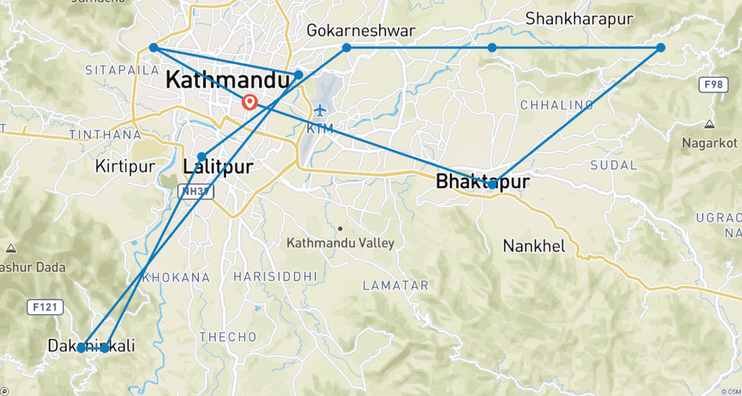 Mapa do percurso de Destaques do Vale de Kathmandu