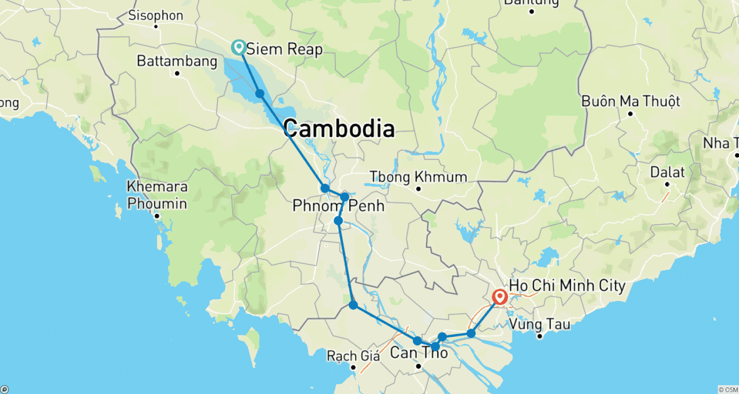 Mapa do percurso de De Siem Reap ao Delta do Mekong (cruzeiro de porto a porto)