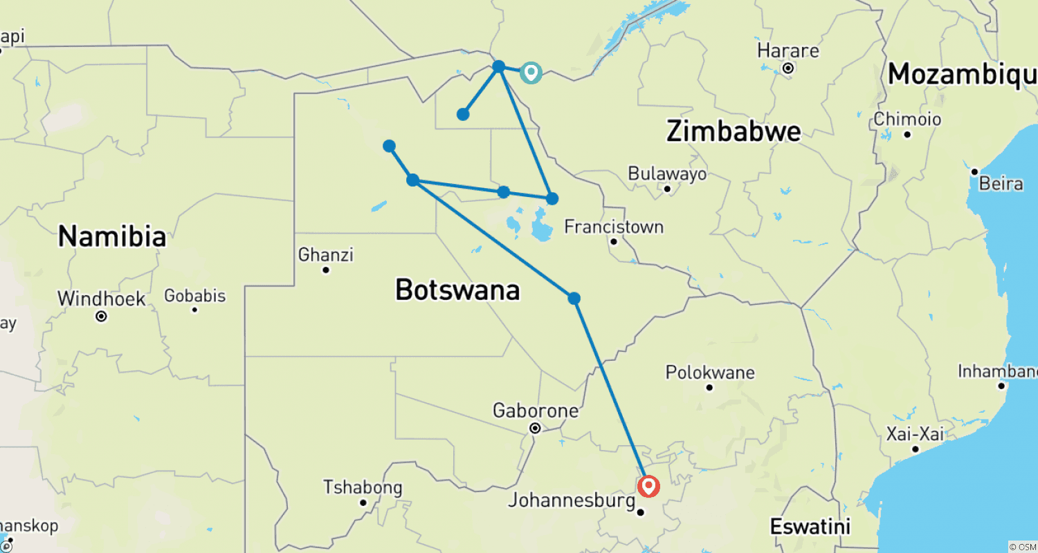 Mapa do percurso de Trilha Selvagem de 9 Dias pelas Cataratas Vitória e Okavango (Acomodado)
