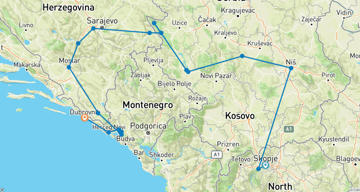 Mapa do percurso de A Aventura Balcânica - 12 dias/11 noites a partir de Skopje