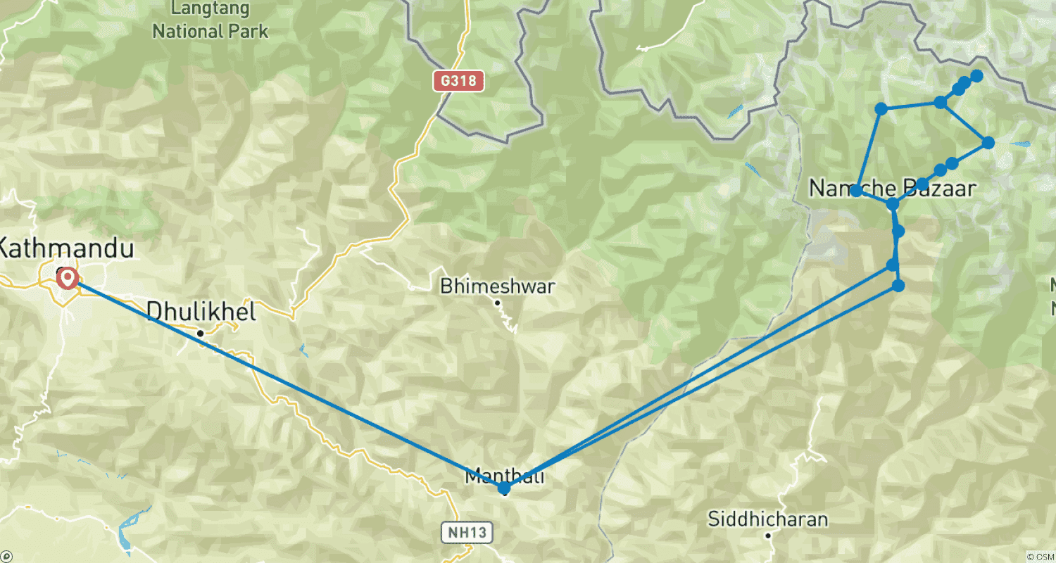 Mapa do percurso de Caminhada pelas Passagens Altas do Everest
