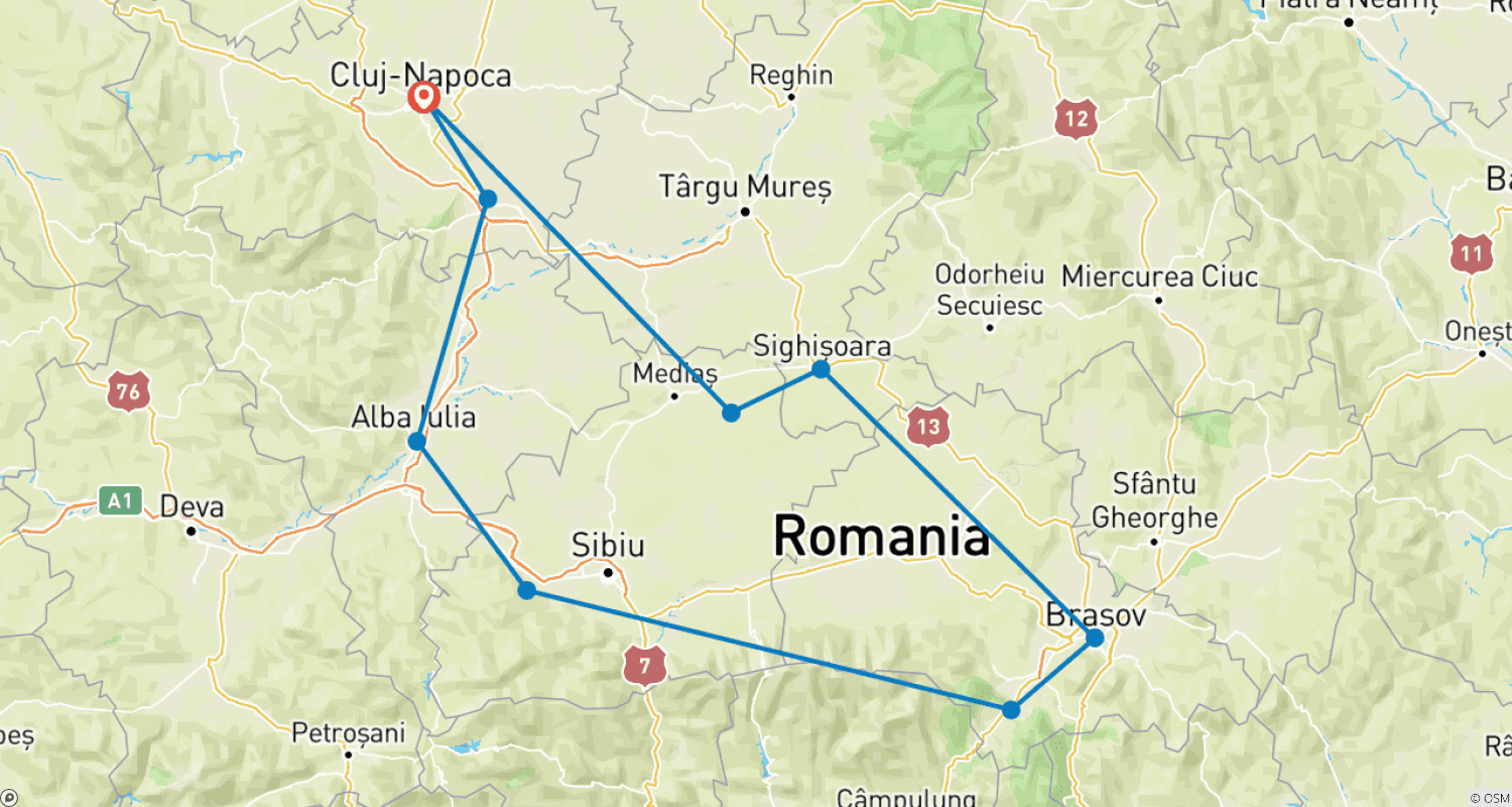 Mapa trasy: Prywatna trzydniowa wycieczka do Sibiu, Braszowa i Sighișoary z Cluj-Napoca