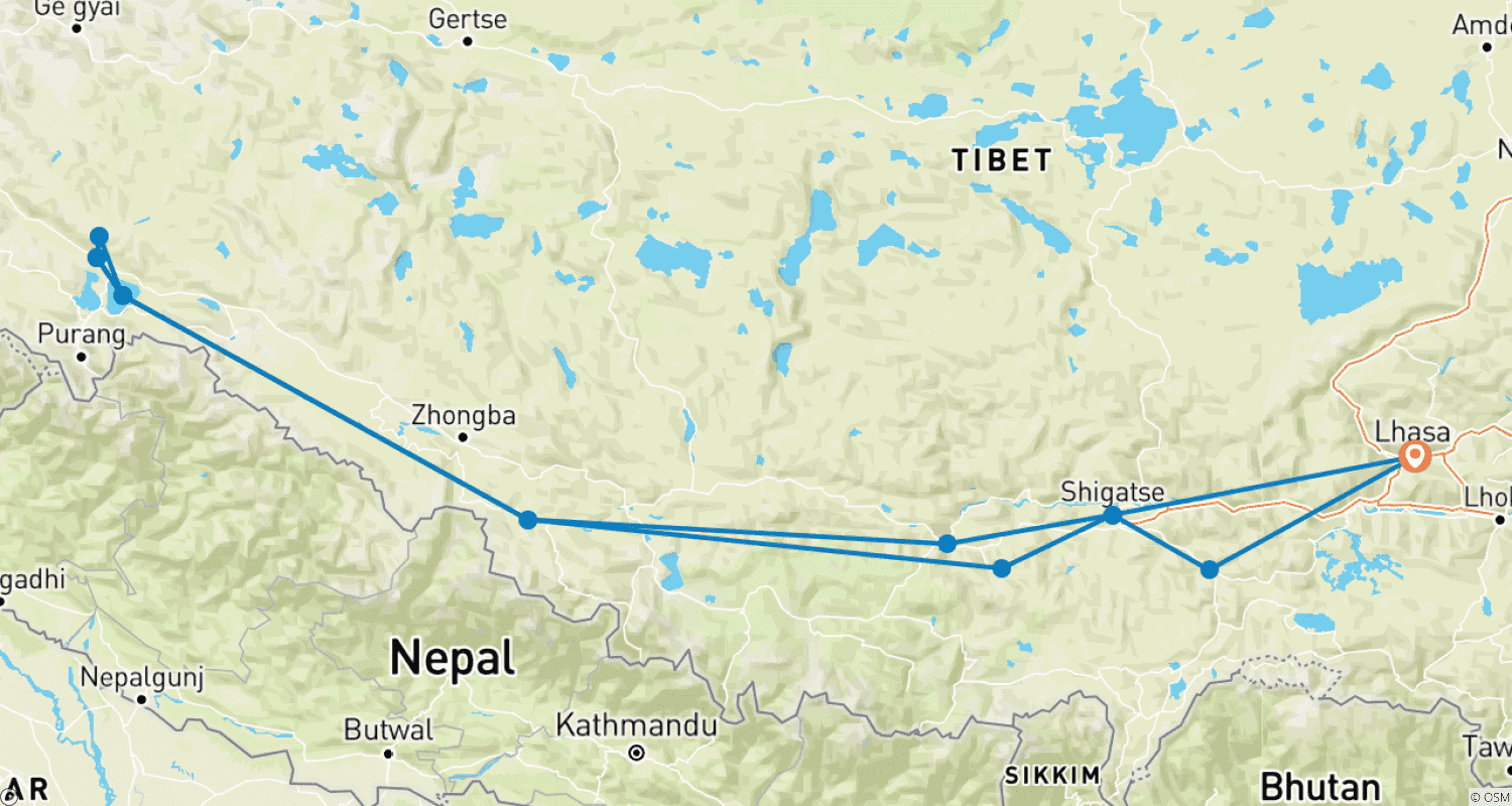Mapa trasy: 15 Dni Kailash i Manasarova Wycieczka po Tybecie w Małej Grupie: Marzenie pielgrzyma o ostatecznej podróży i największa podróż lądowa w Tybecie