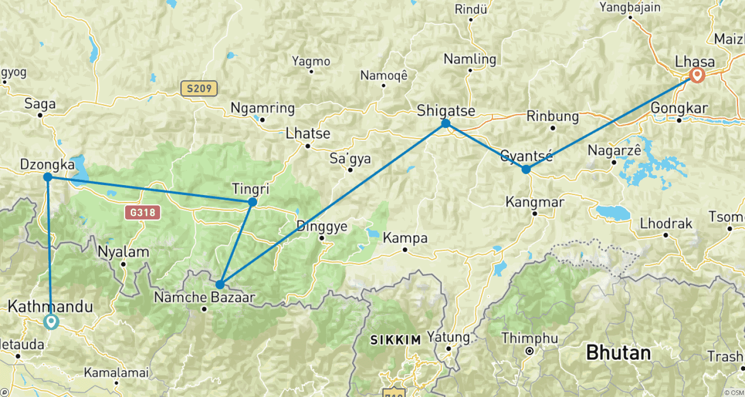 Mapa do percurso de 8 Dias Viagem Terrestre de Kathmandu a Lhasa com Tour em Grupo Pequeno ao EBC