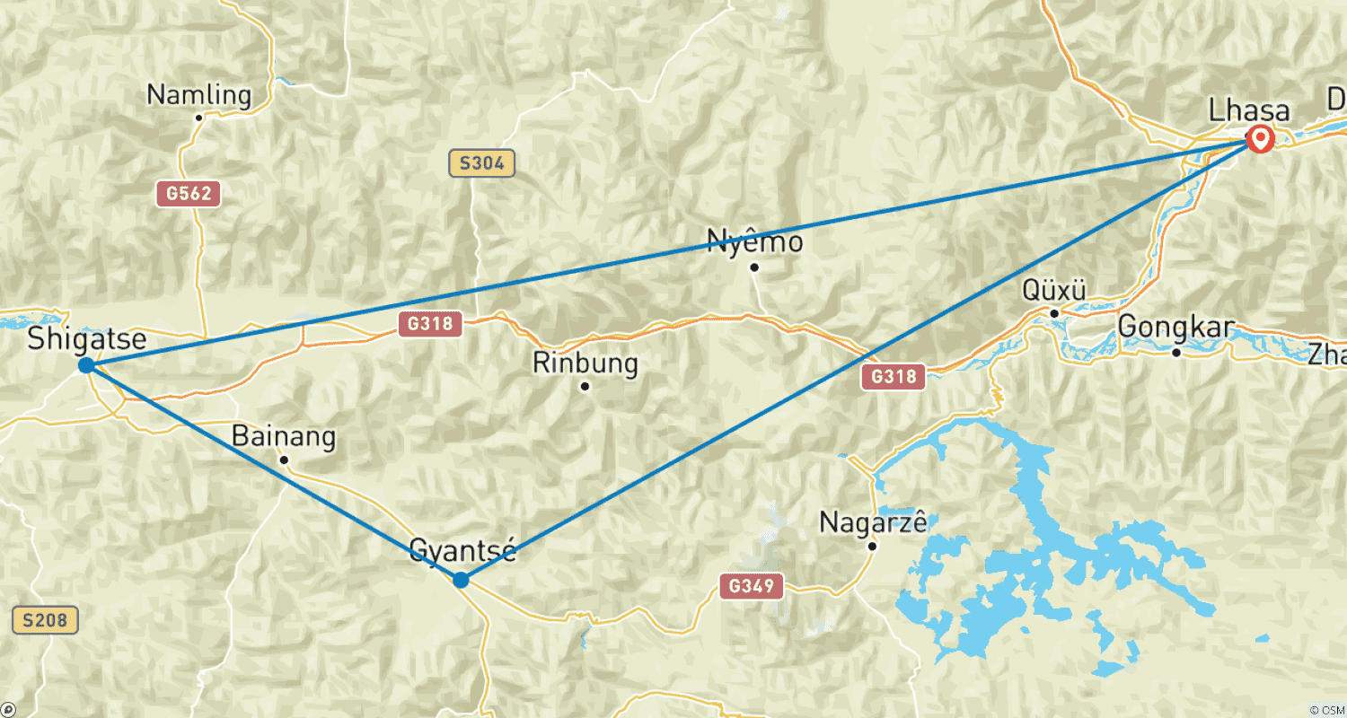 Mapa trasy: 6 Dni Centralny Tybet Kulturowa Wycieczka w Małej Grupie: Odkryj religię Tybetu, kulturowe skarby i urzekające krajobrazy