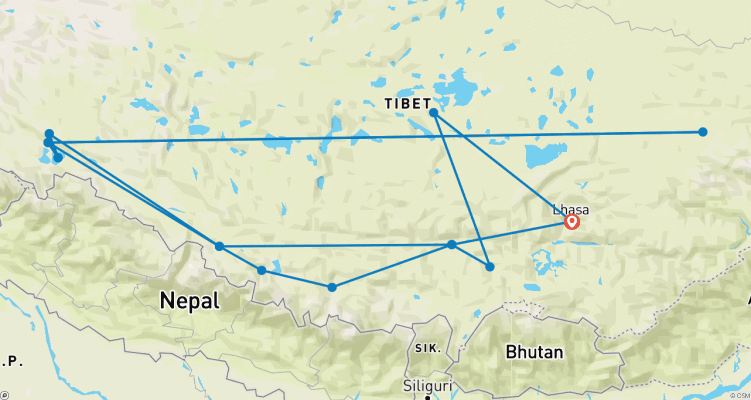 Mapa do percurso de Excursão de 17 Dias à Lua Cheia de Kailash Manasarovar e Exploração do Reino de Guge