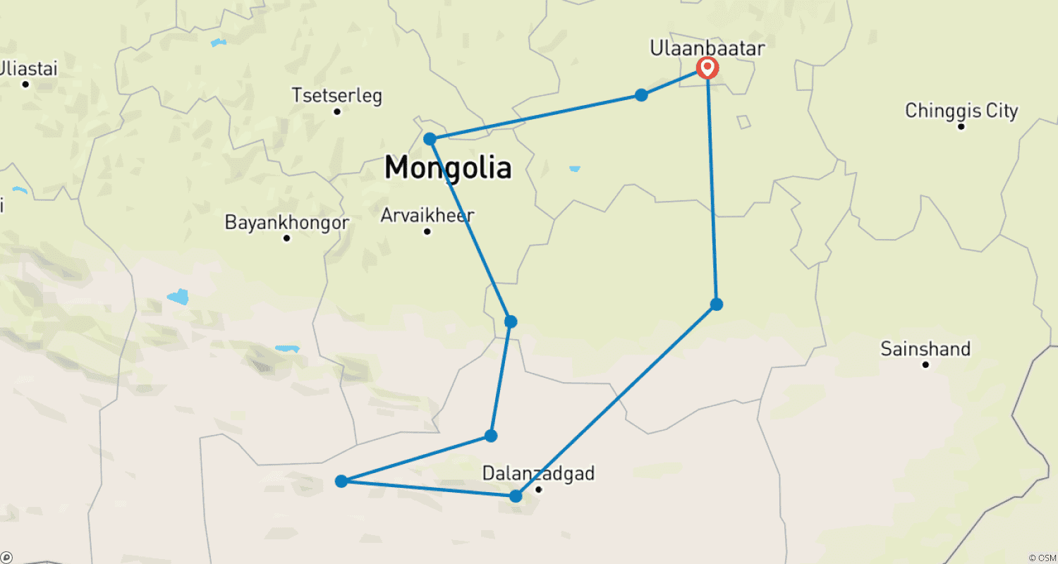Mapa do percurso de Experimente o Tour pelo Gobi Mongol
