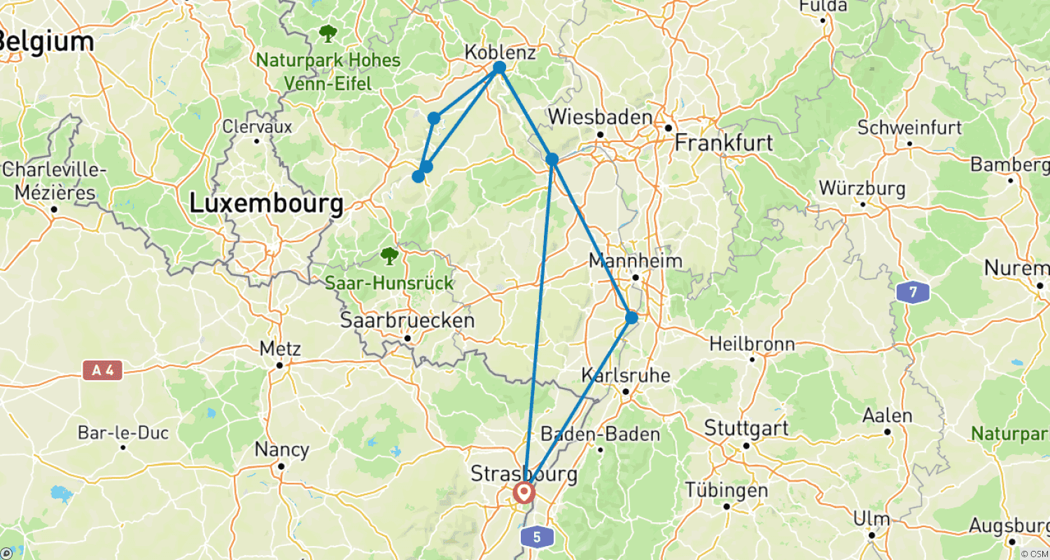 Mapa do percurso de Ano Novo no romântico Reno e no pitoresco Mosela (cruzeiro de porto a porto)