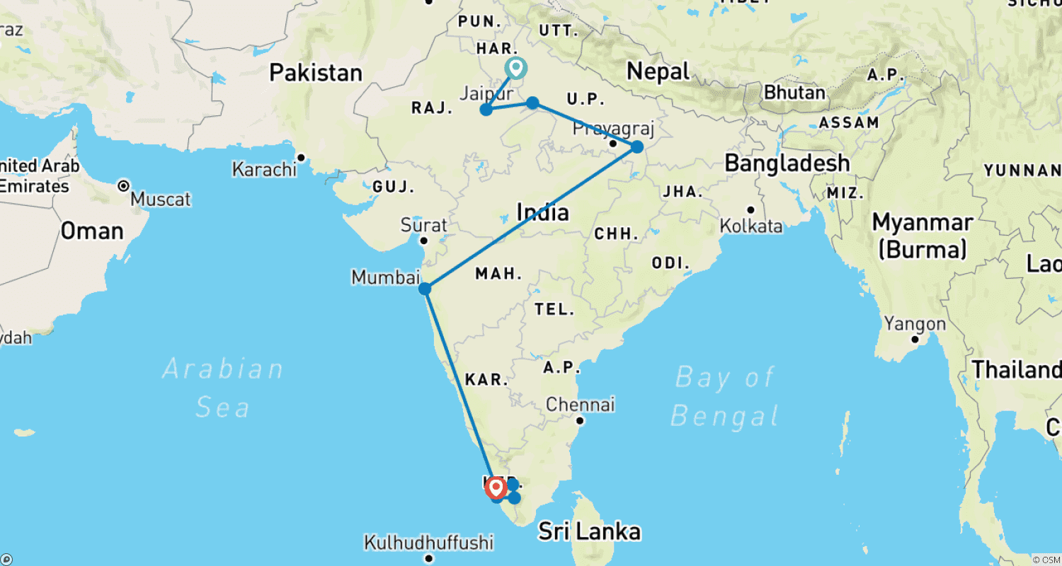Mapa do percurso de Norte da Índia Combinado com Mumbai e o Sereno Kerala