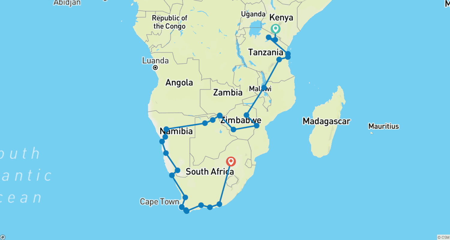 Mapa do percurso de Nairobi a Joanesburgo (74 Dias) De Costa a Costa