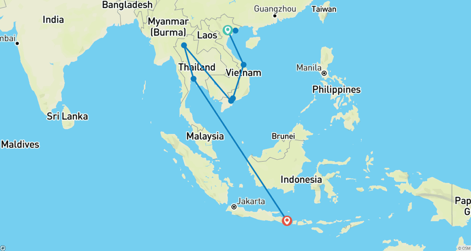 Mapa trasy: 16-dniowa podróż po Wietnamie, Tajlandii i rozszerzenie na Bali