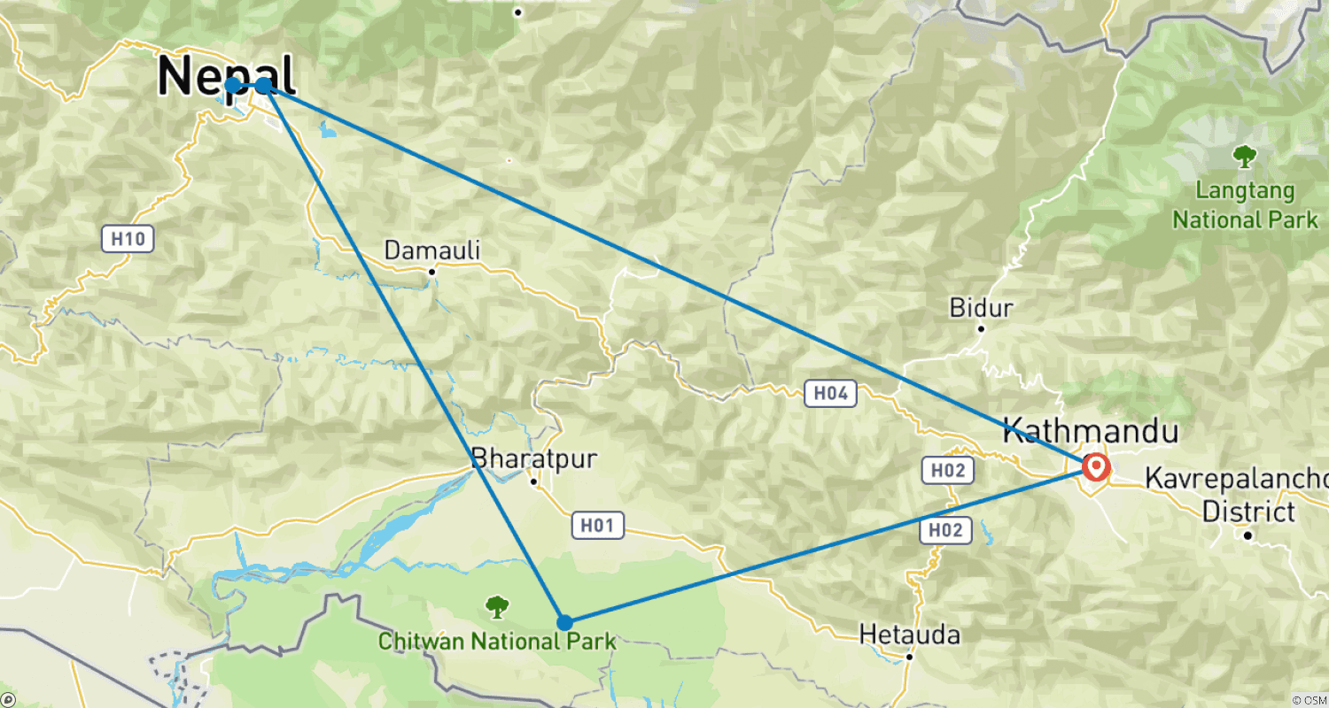 Mapa do percurso de 9 Noites / 10 Dias Safari em Chitwan, Nepal e Trekking com Vista para o Nascer do Sol nas Montanhas Annapurna
