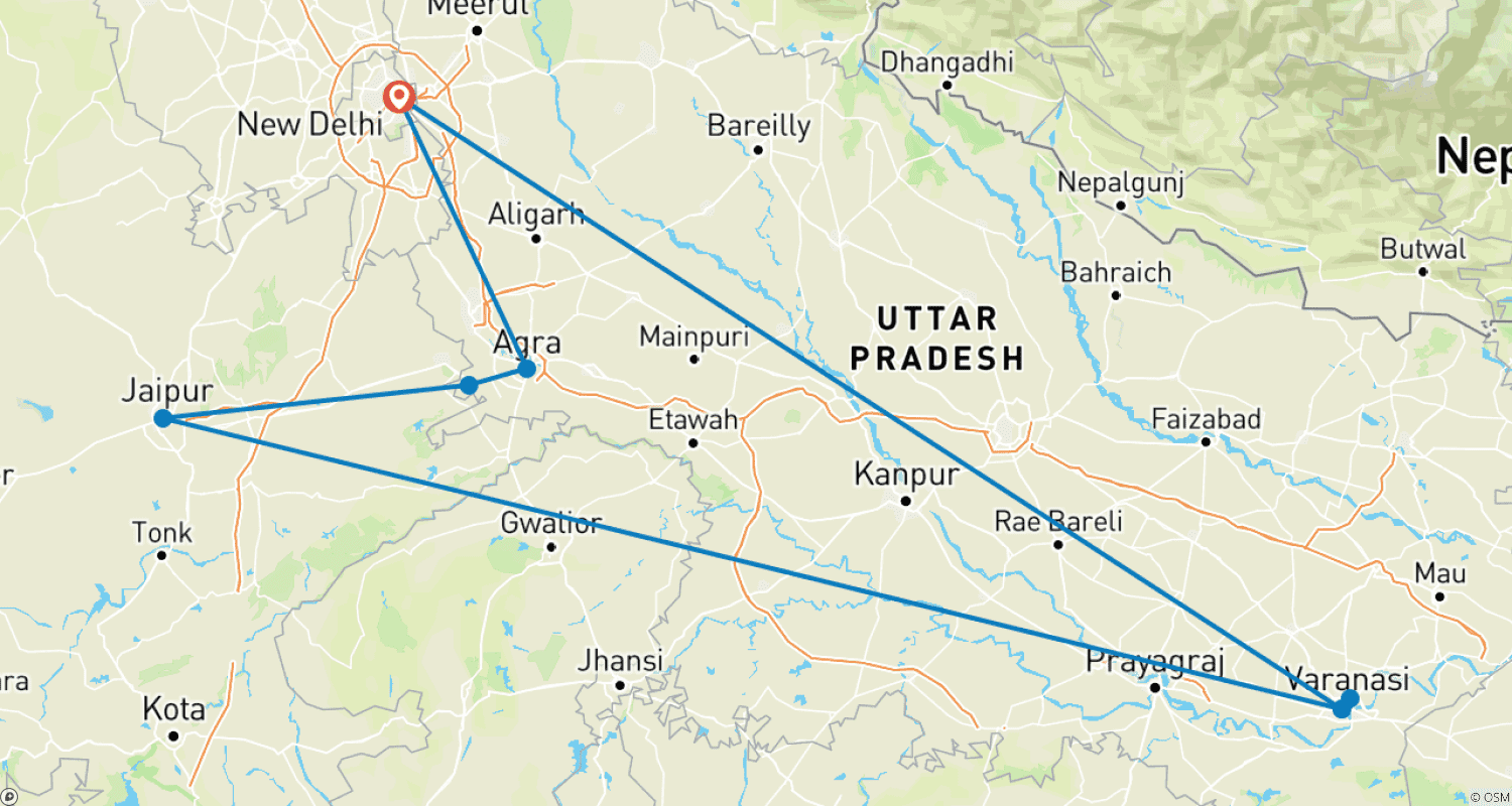 Mapa do percurso de Golden Triangle Tour with Varanasi
