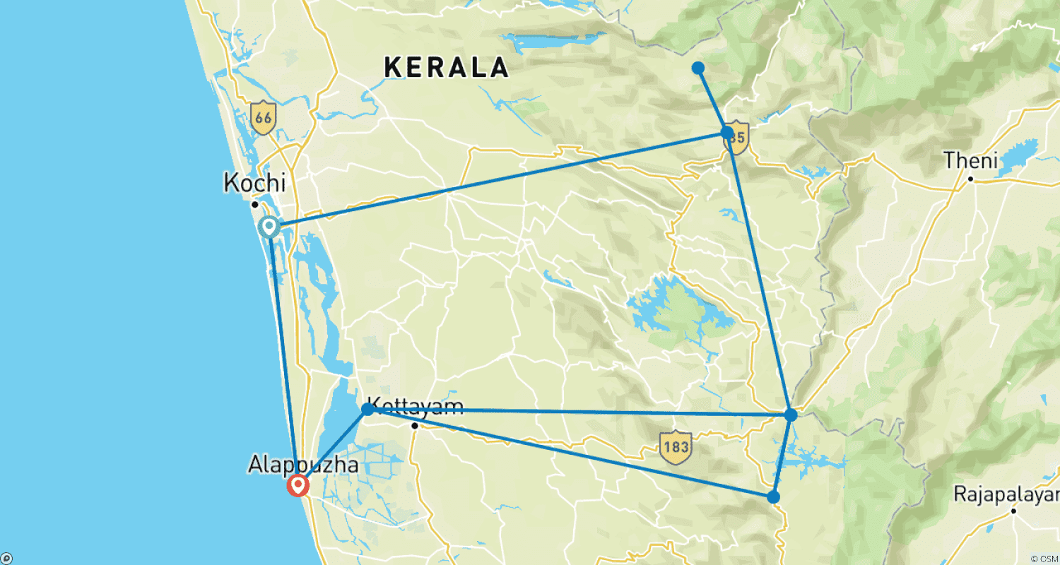 Mapa do percurso de 7 Dias de Incrível Tour por Kerala