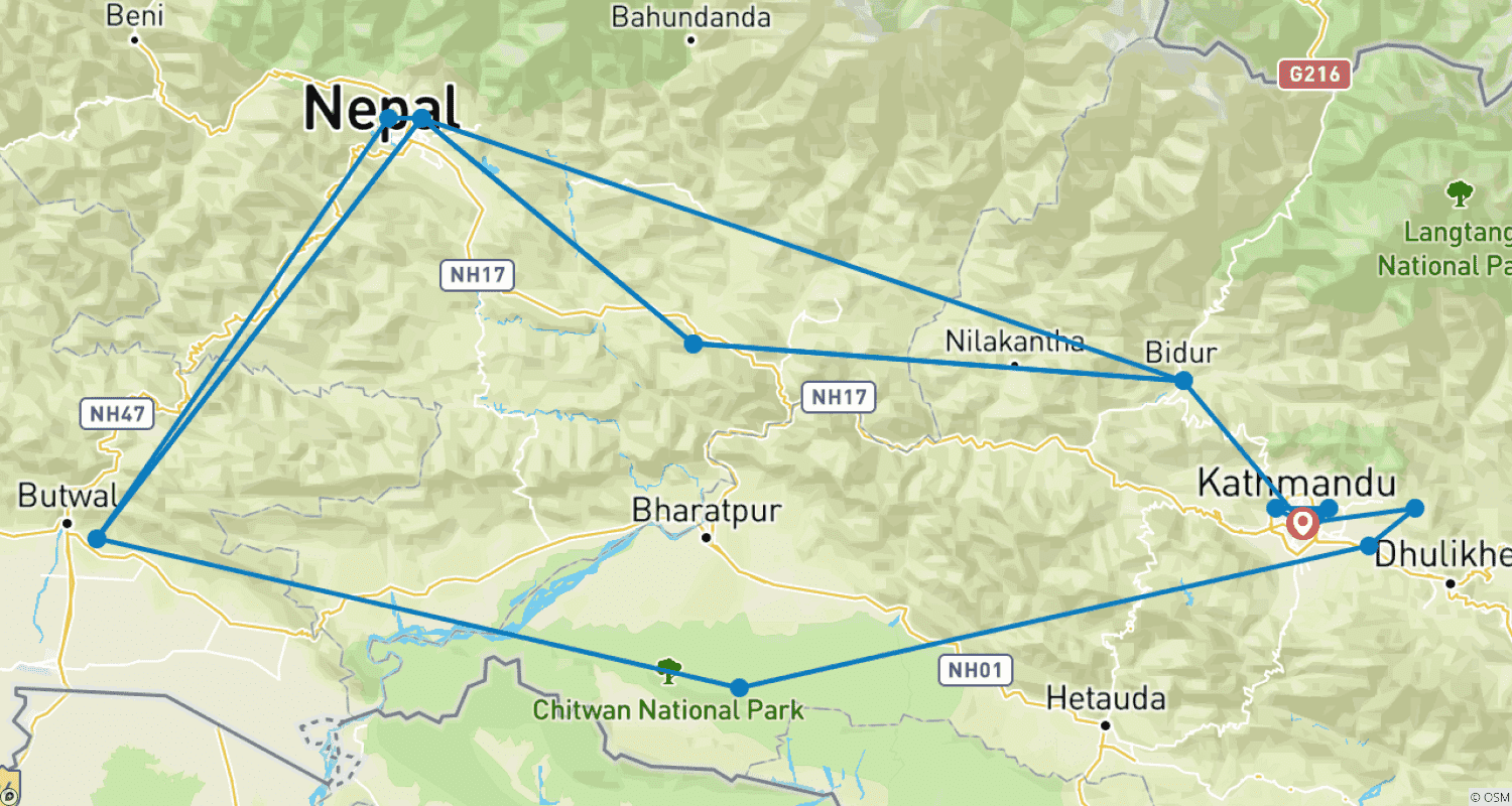 Mapa do percurso de Pacote Glorioso de 12 Dias no Nepal