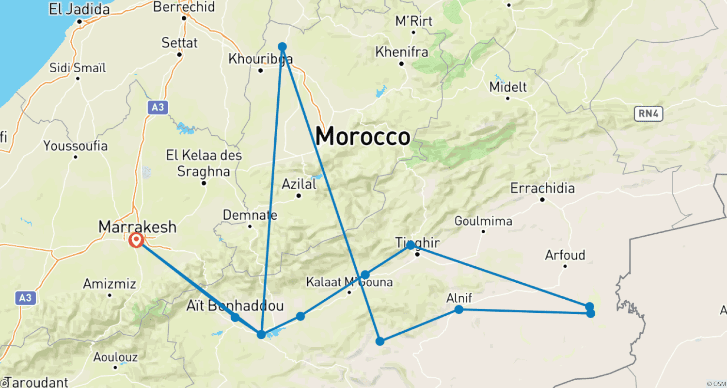 Mapa trasy: Marrakesz, Sahara i Wąwozy 4 Dni